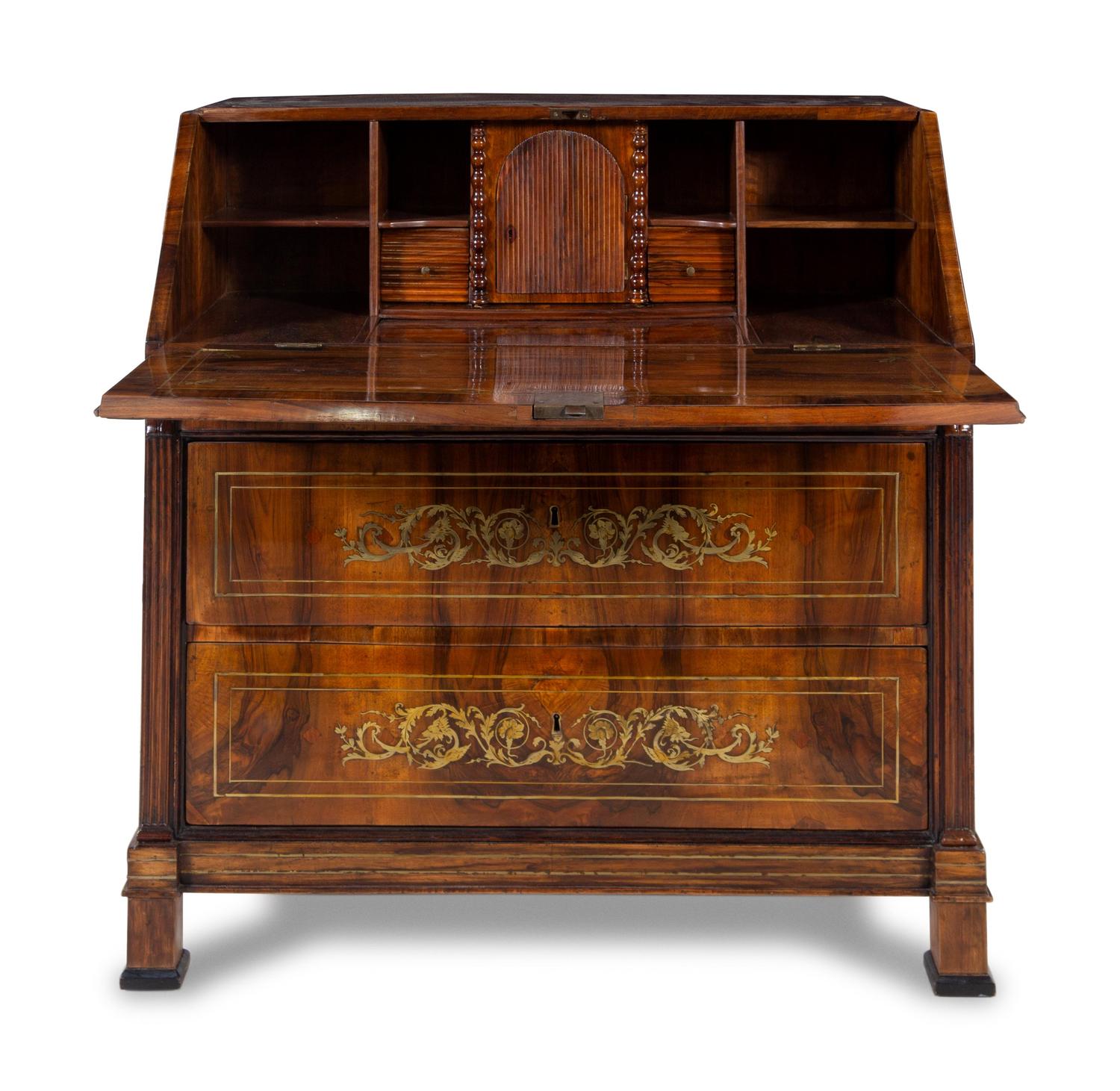 A Swiss Neoclassical Brass Inlaid Walnut Slant-Front Desk