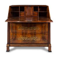 A Swiss Neoclassical Brass Inlaid Walnut Slant-Front Desk
