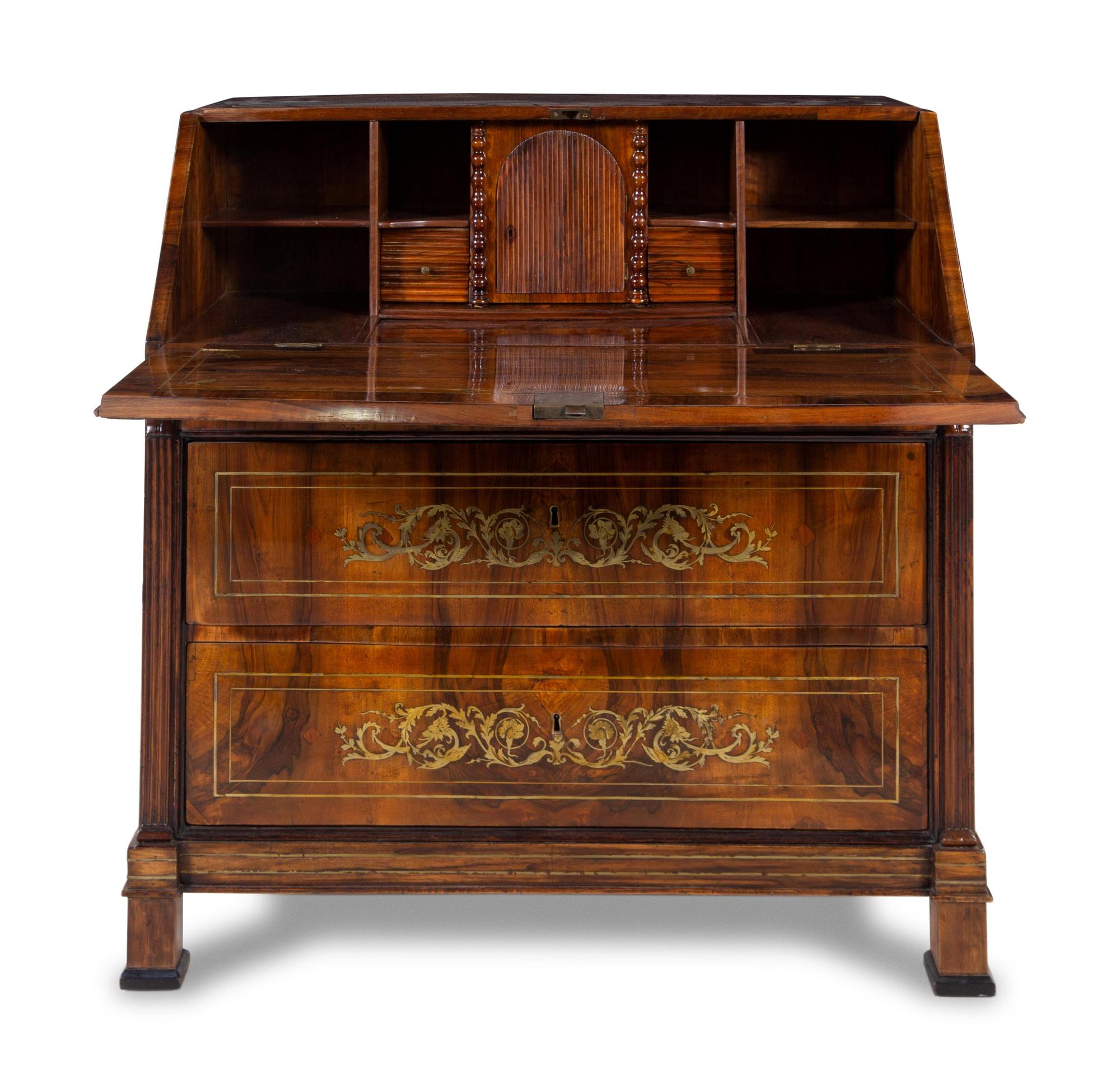 A Swiss Neoclassical Brass Inlaid Walnut Slant-Front Desk