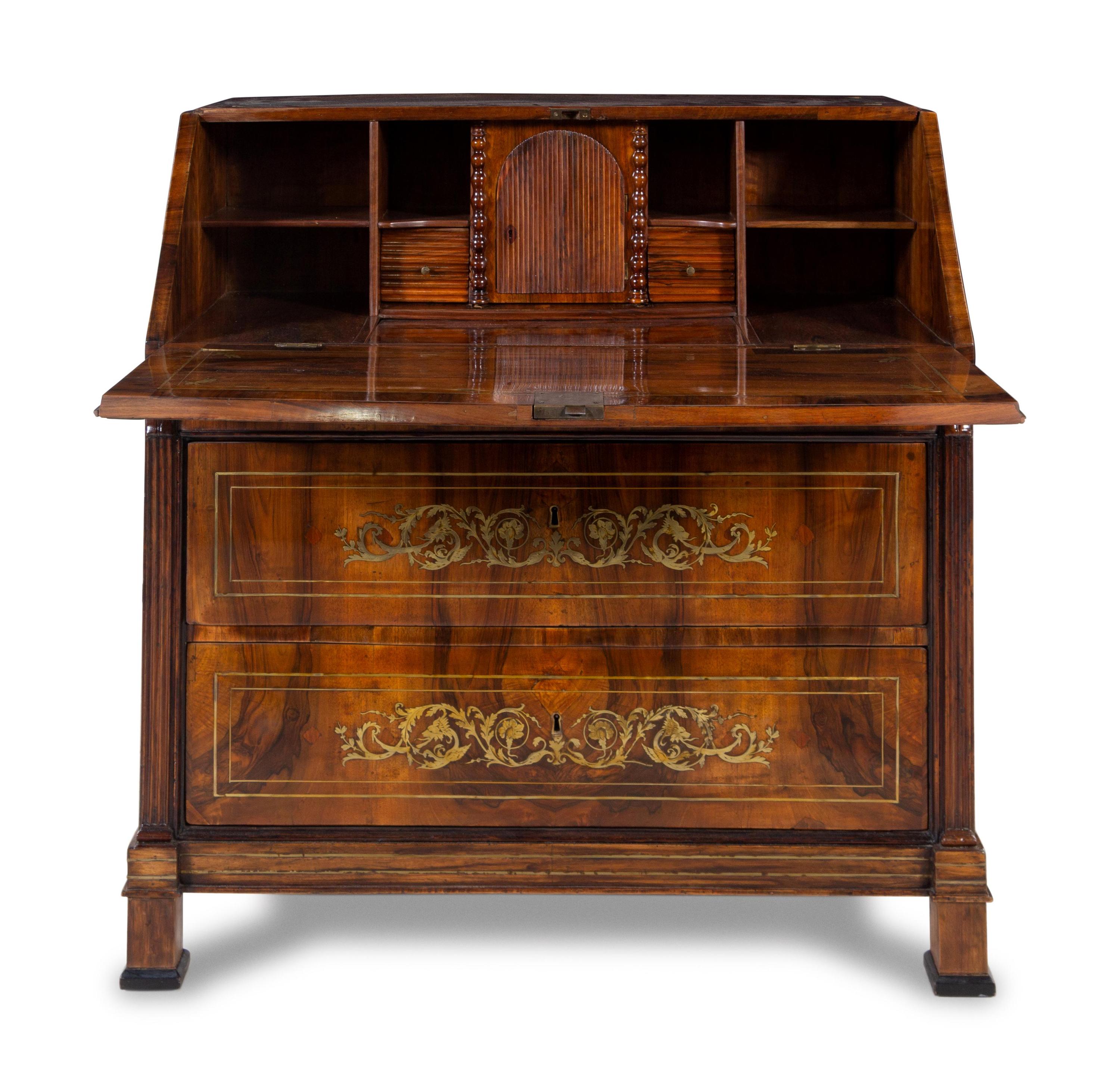 A Swiss Neoclassical Brass Inlaid Walnut Slant-Front Desk