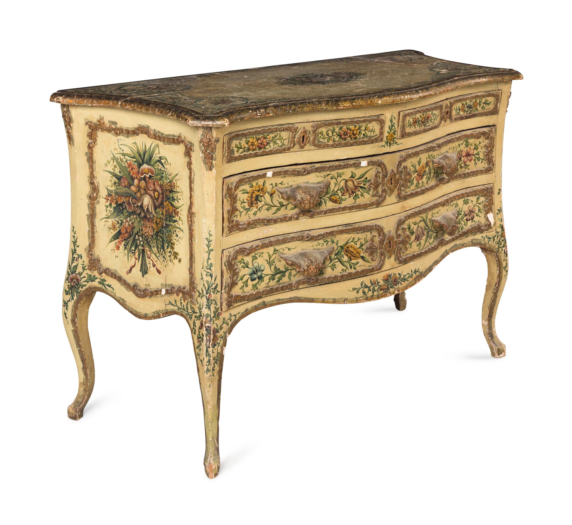 A Venetian Rococo Polychrome Decorated and Parcel-Gilt Commode