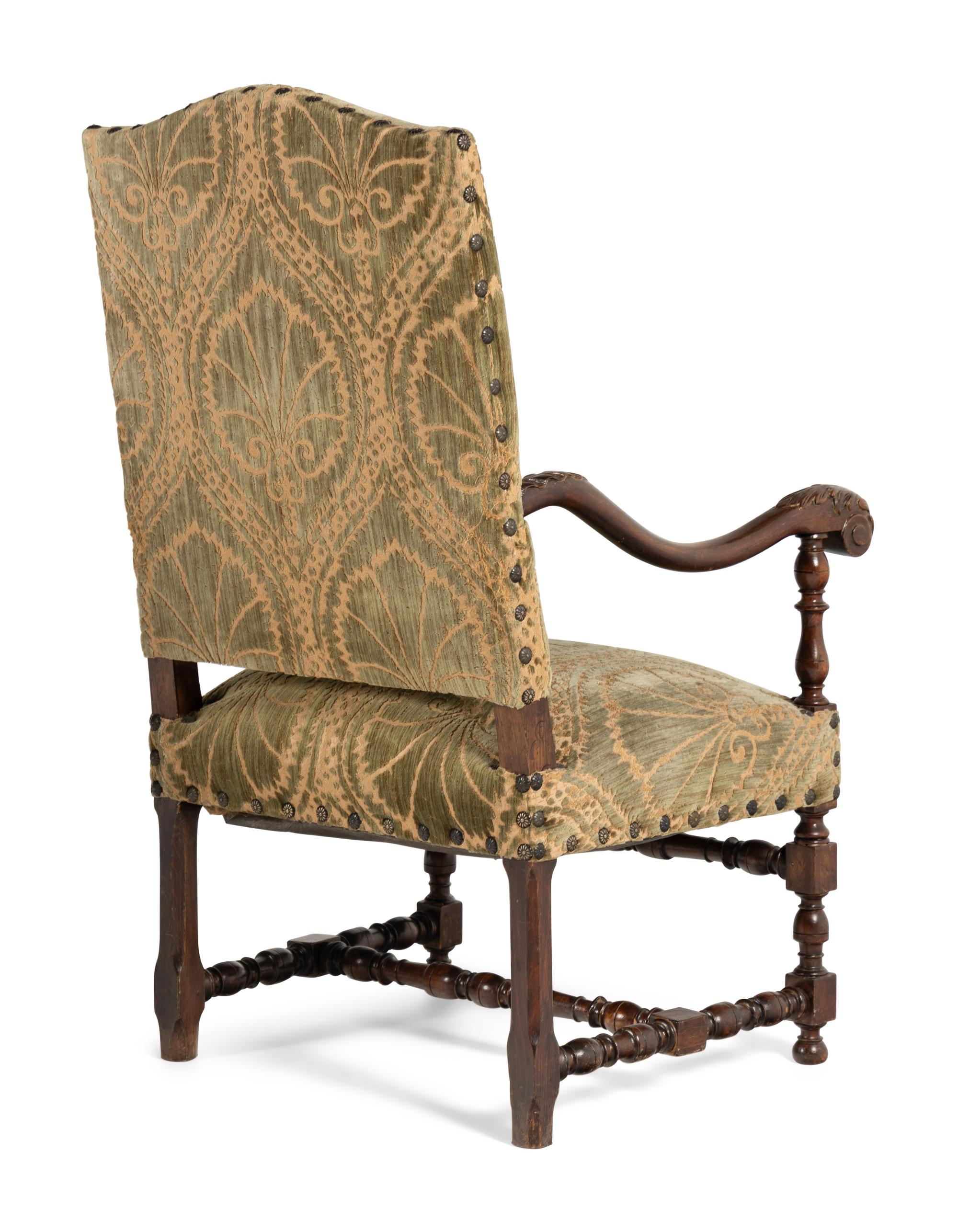 A Pair of William and Mary Style Turned and Carved Beech and Oak Armchairs