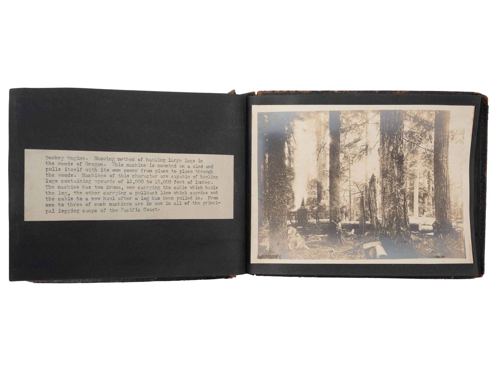 [EARLY PHOTOGRAPHY - OCCUPATIONAL]. American Timber Holding Co. photograph album featuring images from the Pacific Northwest, including: