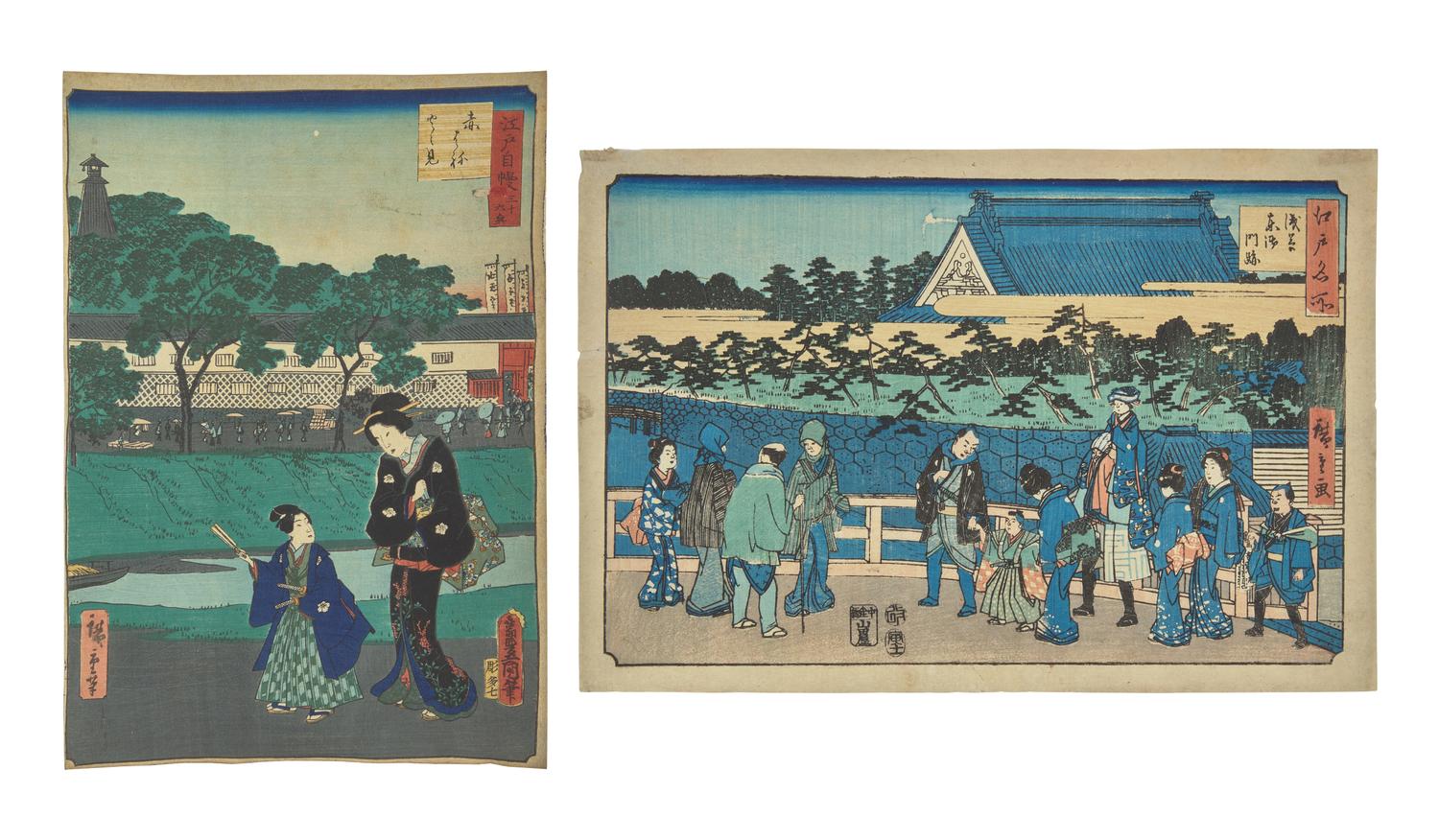 Utagawa Hiroshige (Japanese, 1797-1858), and Utagawa Kunisada (Toyokuni III) with Utagawa Hiroshige II, Two Woodblock Prints