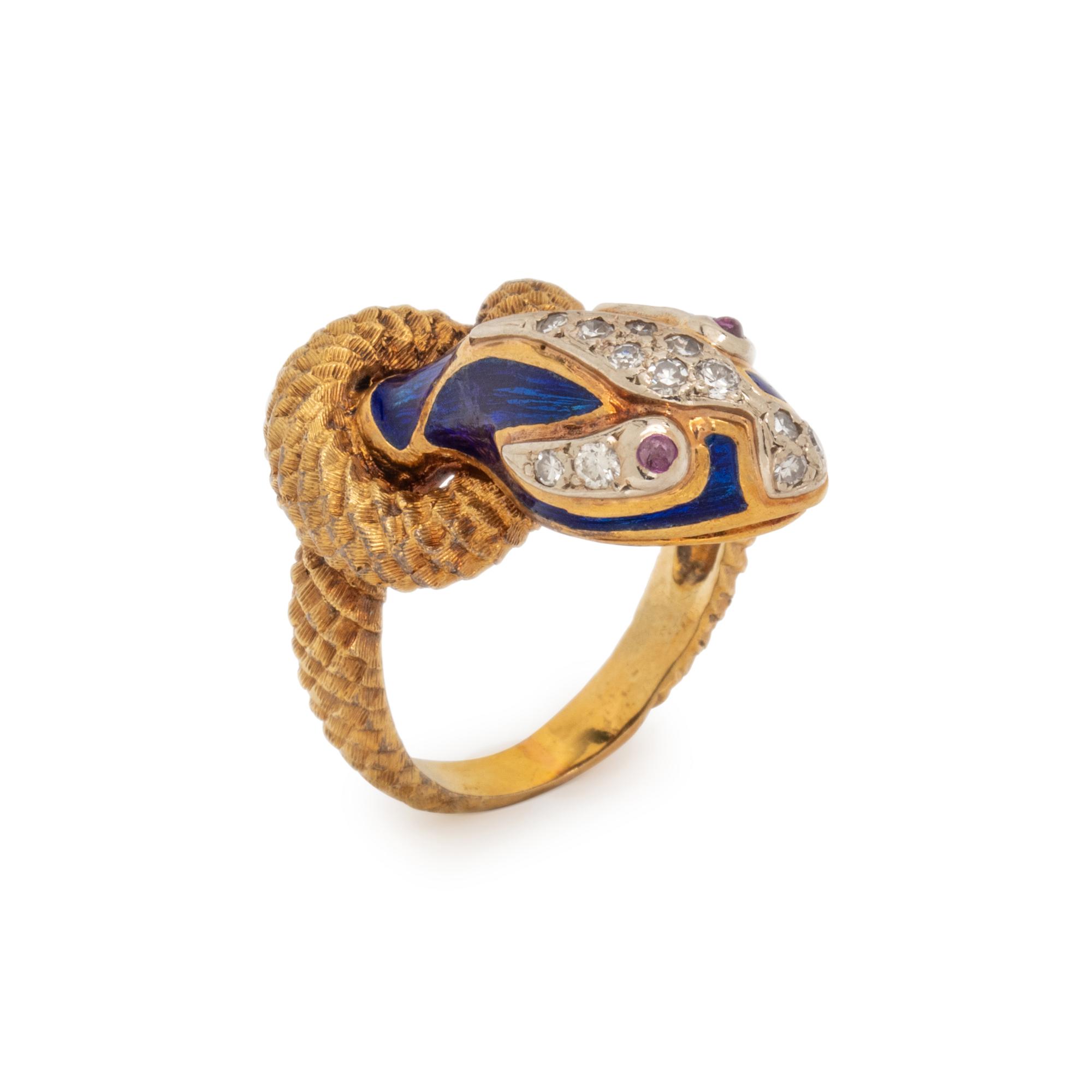 BICOLOR GOLD, ENAMEL, AND DIAMOND SNAKE RING