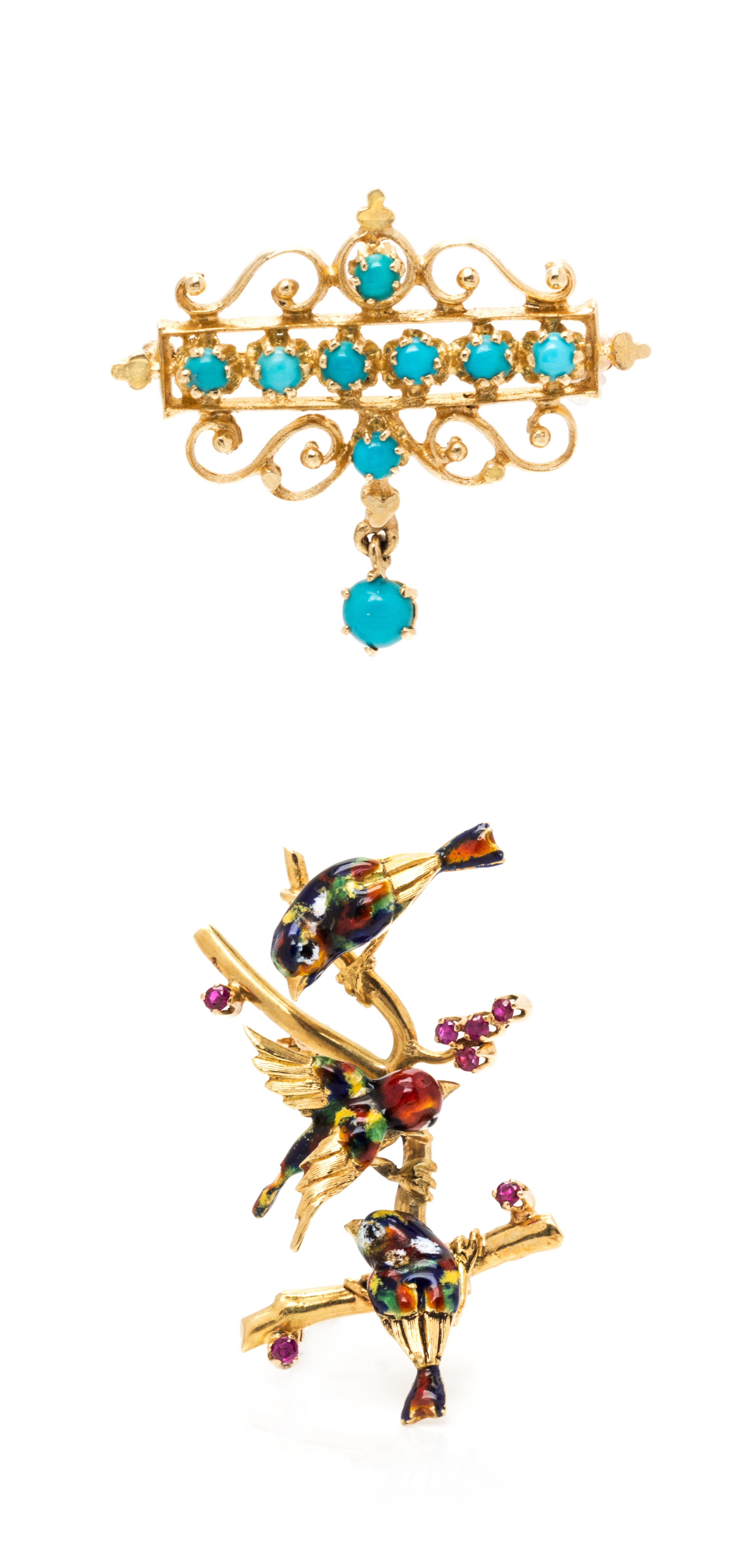 A Collection of Yellow Gold, Polychrome Enamel and Gemstone Brooches, 10.80 dwts.