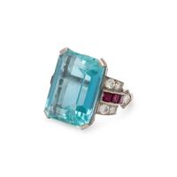 RETRO, AQUAMARINE, DIAMOND AND RUBY RING