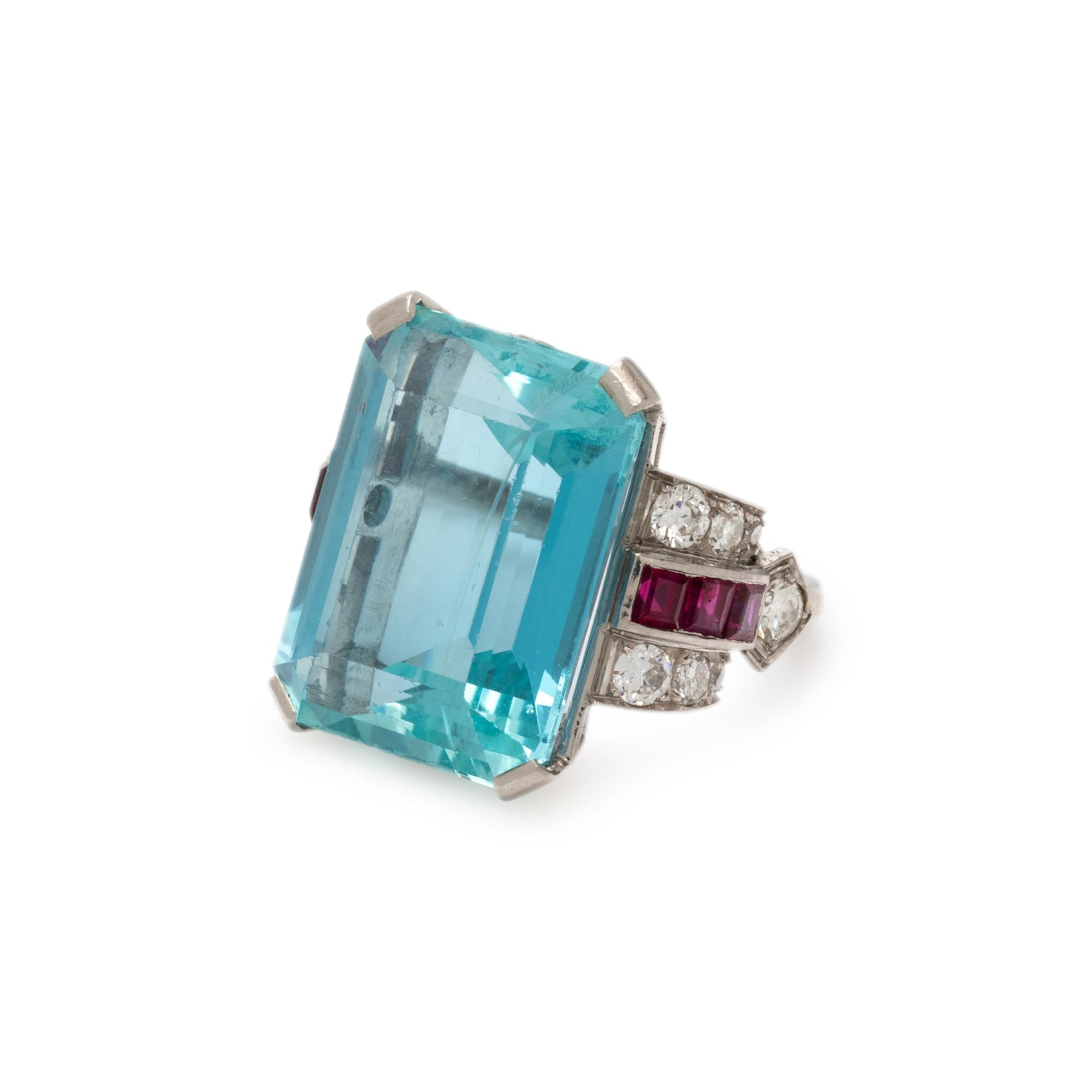 RETRO, AQUAMARINE, DIAMOND AND RUBY RING