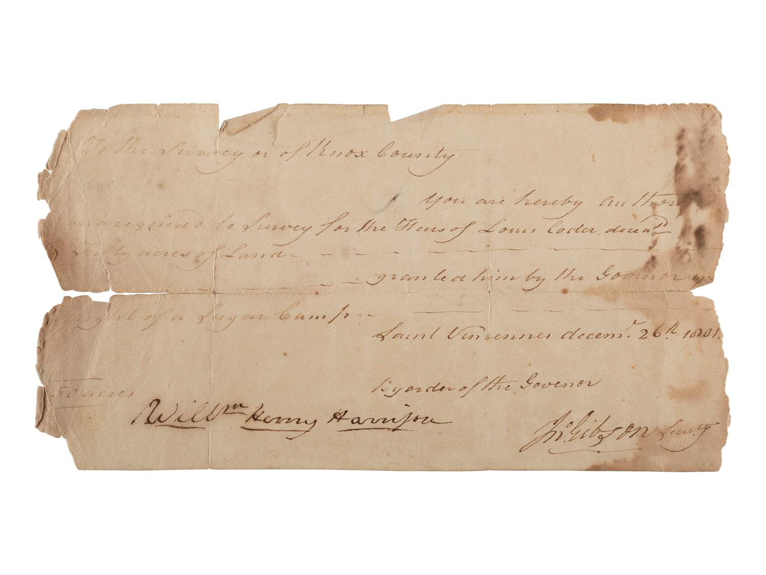 HARRISON, William Henry (1773-1841). Indiana Territory survey document signed ("Willm. Henry Harrison"), as 1st Governor of the Indiana Territory, Saint Vincennes, 26 December 1801.