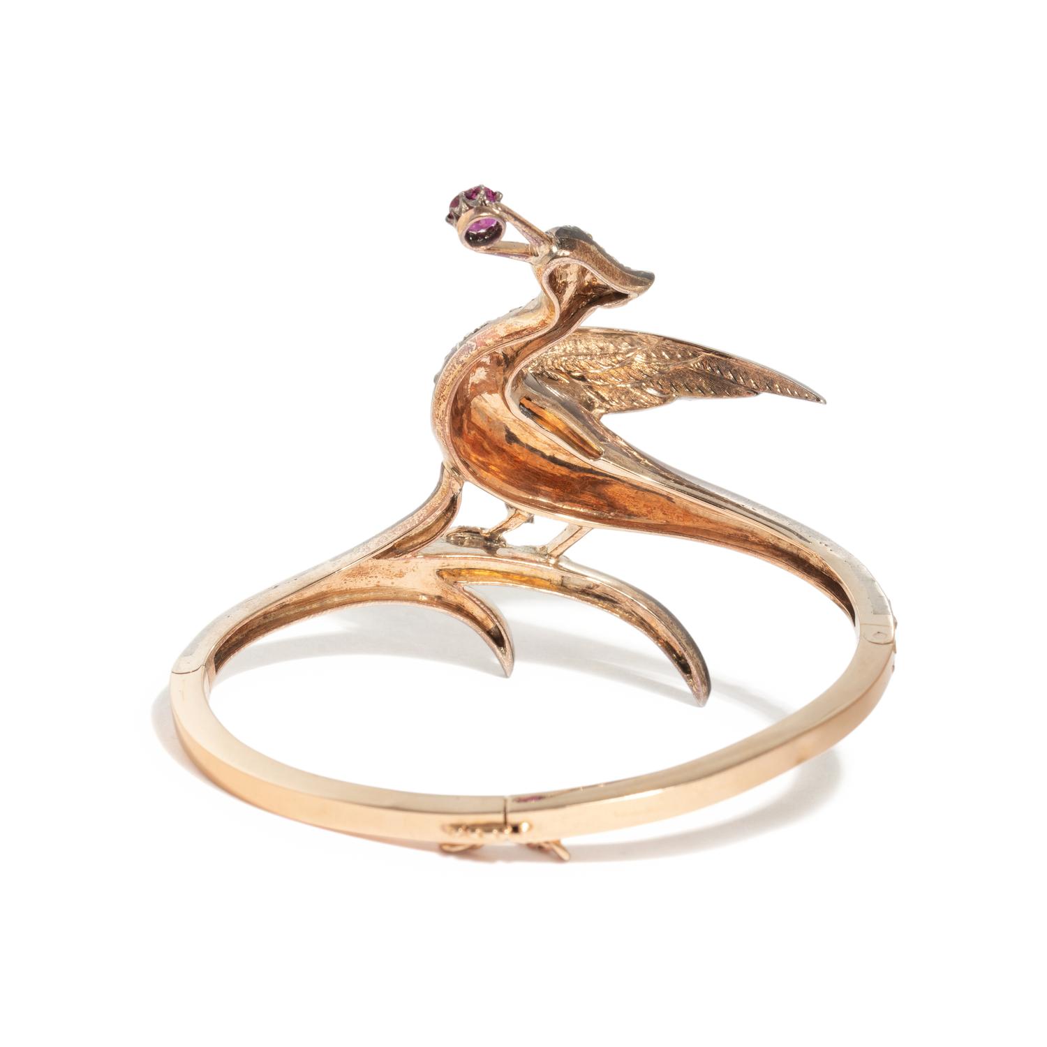 ANTIQUE, DIAMOND AND RUBY BIRD BANGLE BRACELET