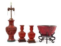 Four Carved Red Lacquer Articles Height of tallest 14 1/4 inches. — 19TH-20TH CENTURY