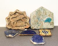 A Group of Six Middle Eastern Ceramic Tiles Width of largest 9 1/2 inches.