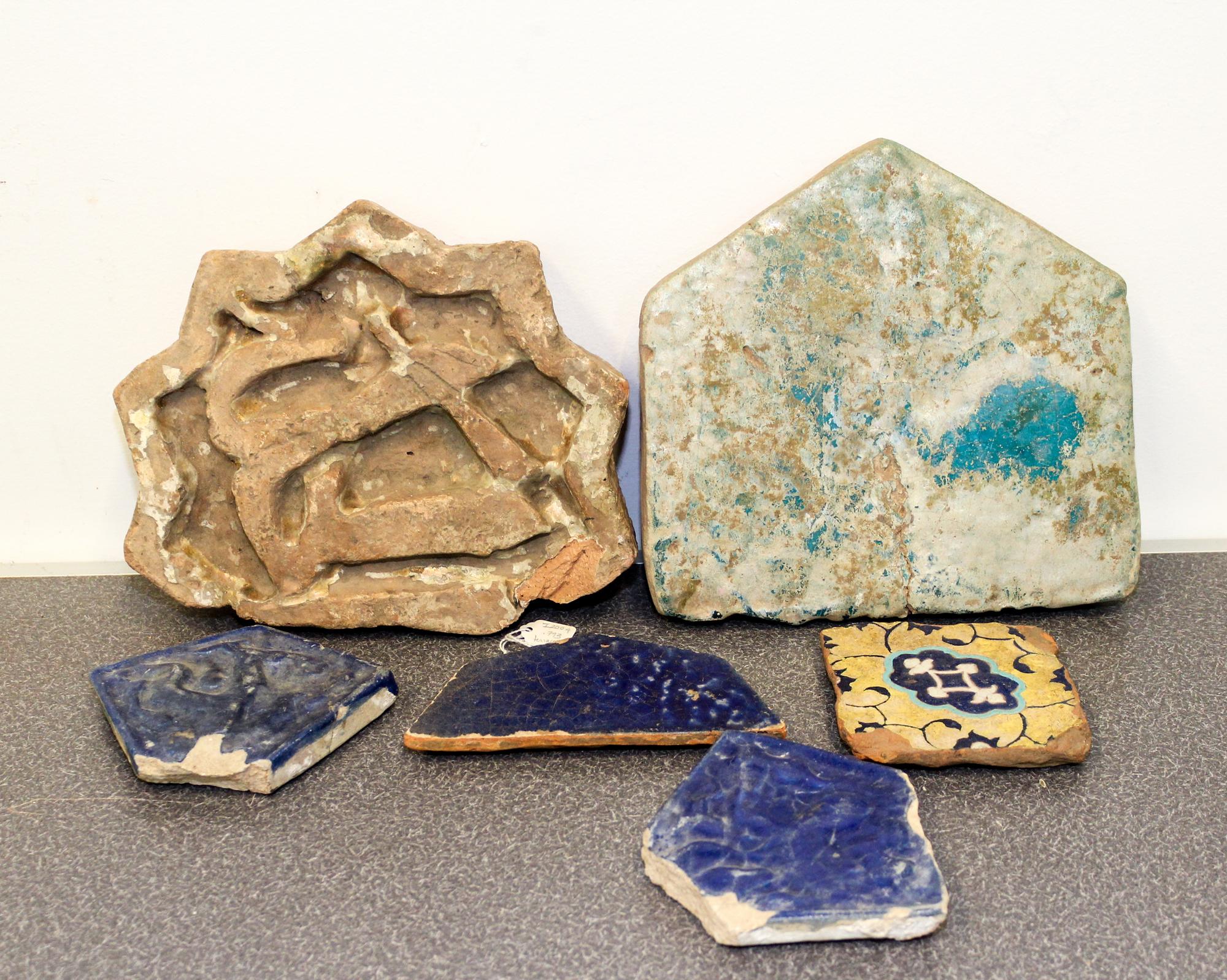 A Group of Six Middle Eastern Ceramic Tiles Width of largest 9 1/2 inches.