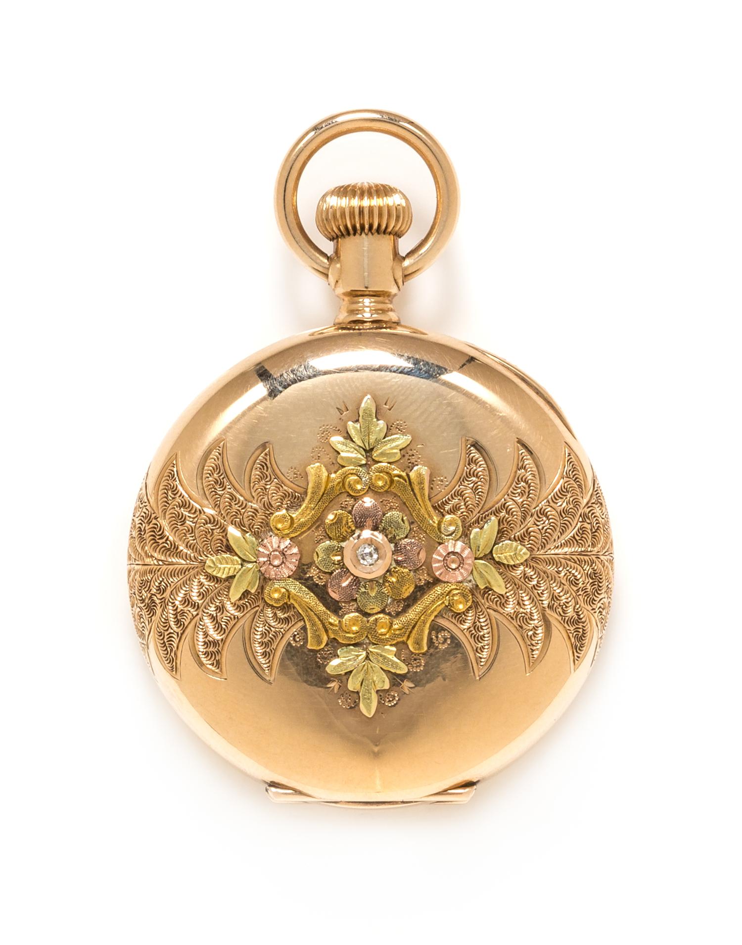 A 14 Karat Tricolor Gold and Diamond Hunter Case Pocket Watch, Elgin, Circa 1897, 24.15 dwts.
