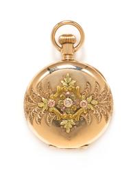 A 14 Karat Tricolor Gold and Diamond Hunter Case Pocket Watch, Elgin, Circa 1897, 24.15 dwts.
