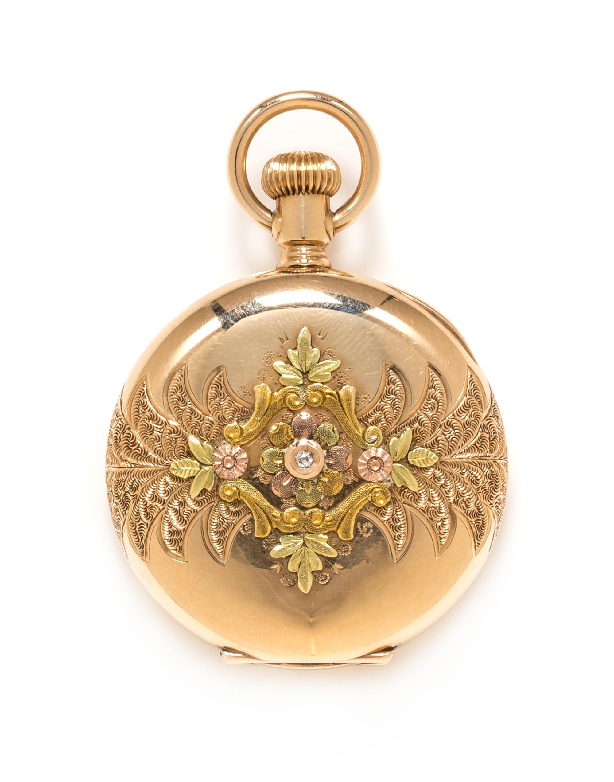 A 14 Karat Tricolor Gold and Diamond Hunter Case Pocket Watch, Elgin, Circa 1897, 24.15 dwts.