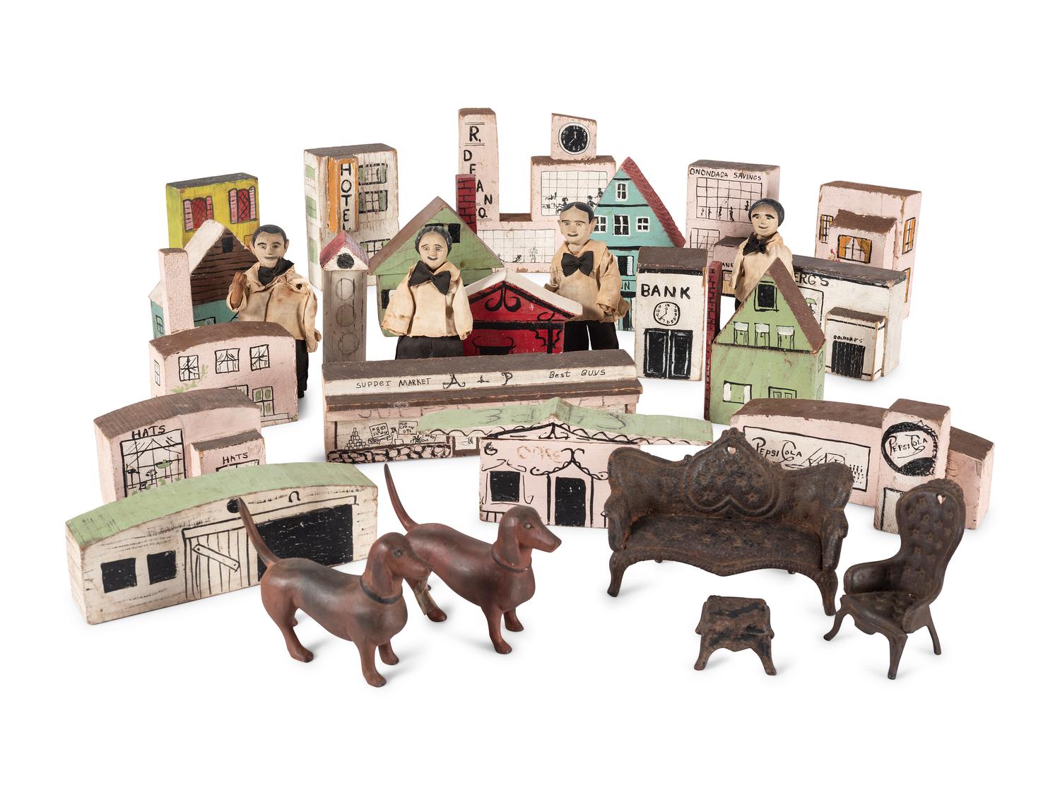 An Assembled Group of Painted Town Block Buildings, Figures and Toy Furniture