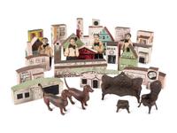 An Assembled Group of Painted Town Block Buildings, Figures and Toy Furniture