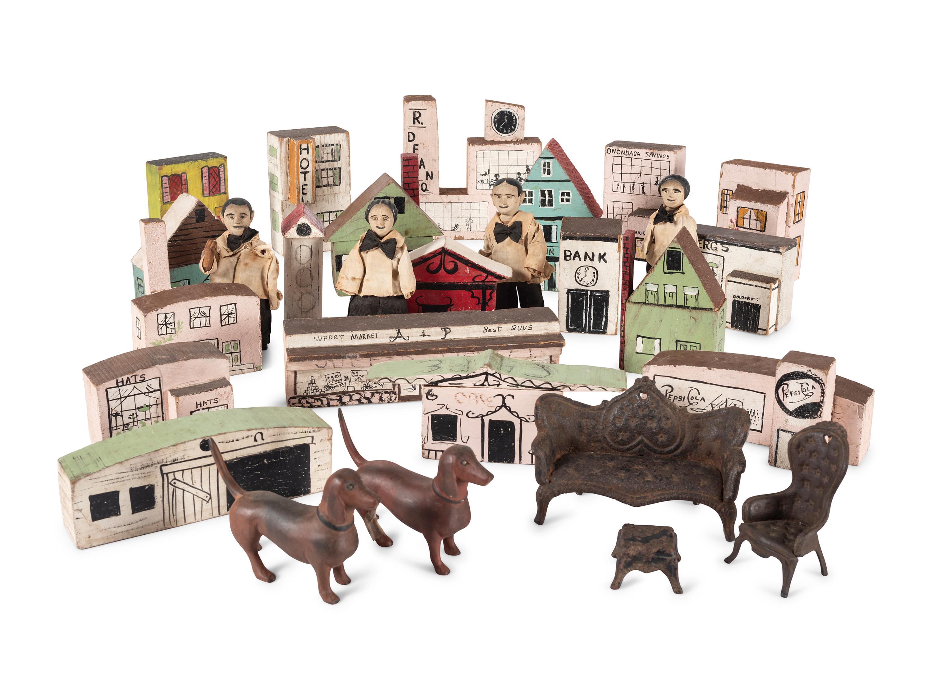 An Assembled Group of Painted Town Block Buildings, Figures and Toy Furniture