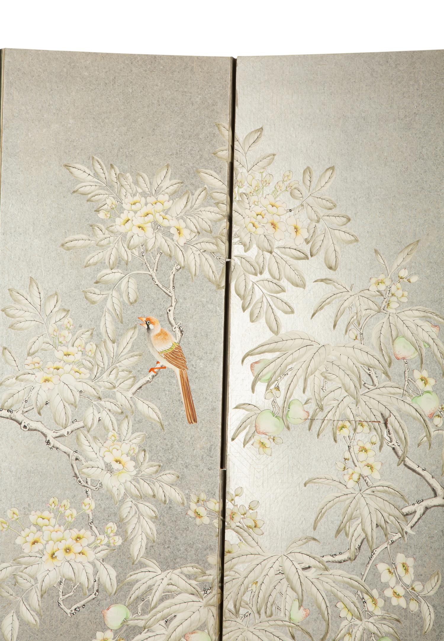 A Four-Panel Floor Screen with Silvered Wallpaper