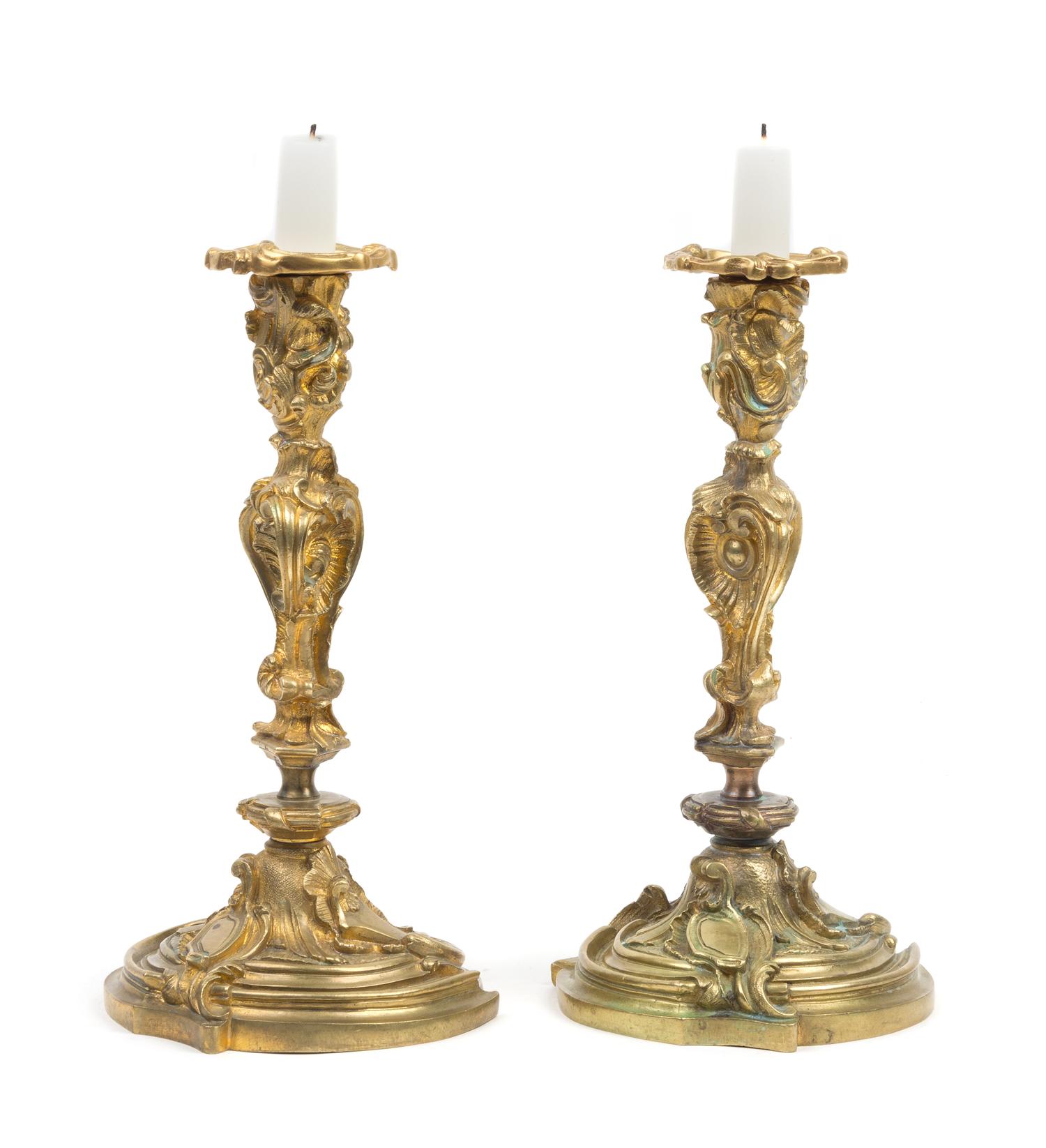 A Pair of Louis XV Style Gilt Bronze Candlesticks Height 10 inches. — 19TH CENTURY