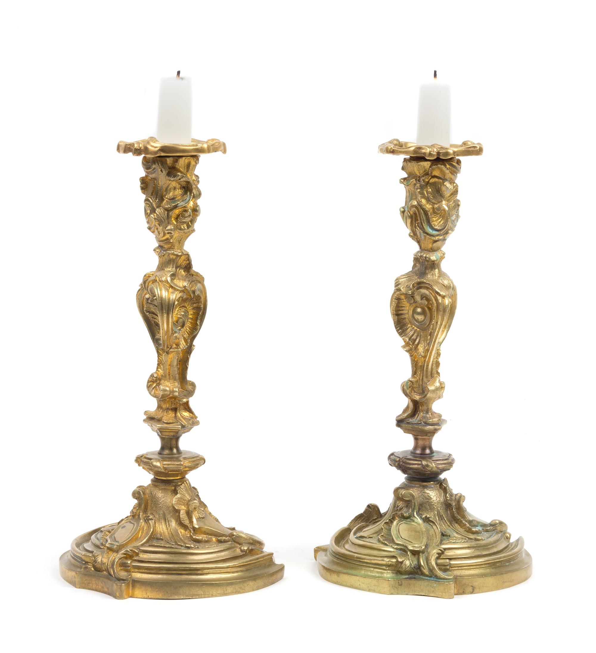A Pair of Louis XV Style Gilt Bronze Candlesticks Height 10 inches. — 19TH CENTURY