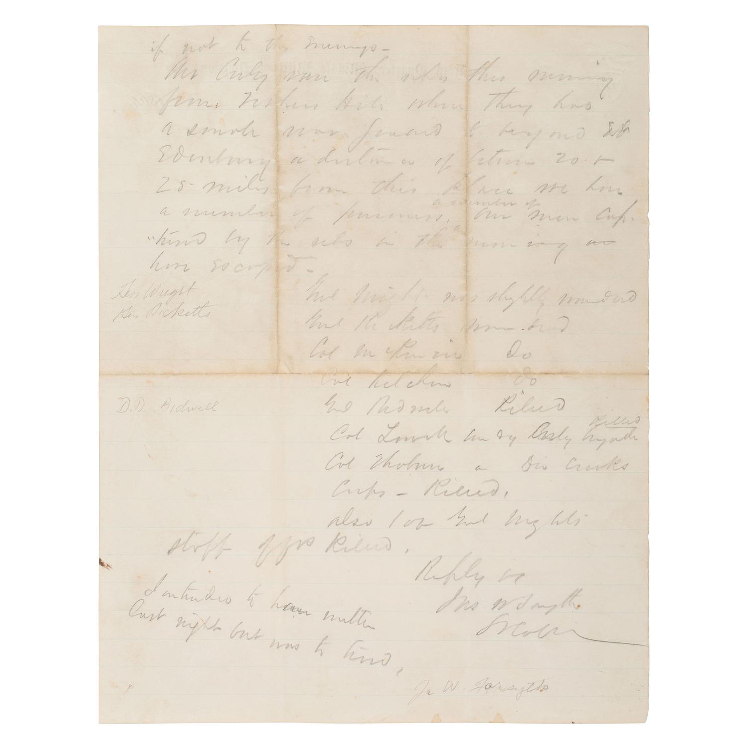[CIVIL WAR]. FORSYTH, James W. (1834-1906). ALS to Col. Edwards describing Gen. Sheridan's victory at the Battle of Cedar Creek. 20 Oct 1864.