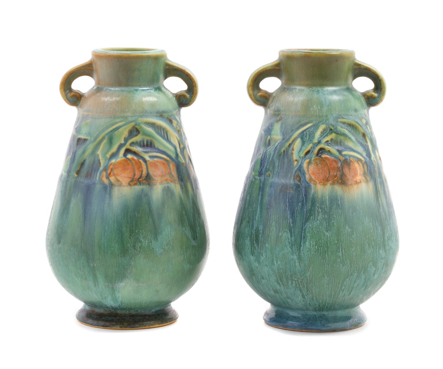 A Pair of Roseville Baneda Pottery Vases Height 6 1/4 inches.