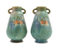 A Pair of Roseville Baneda Pottery Vases Height 6 1/4 inches.