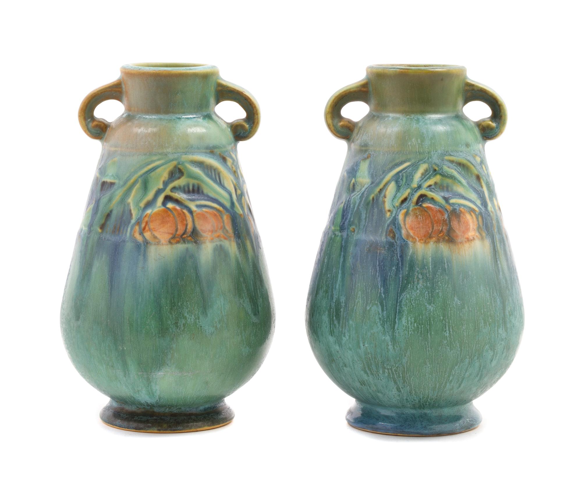 A Pair of Roseville Baneda Pottery Vases Height 6 1/4 inches.