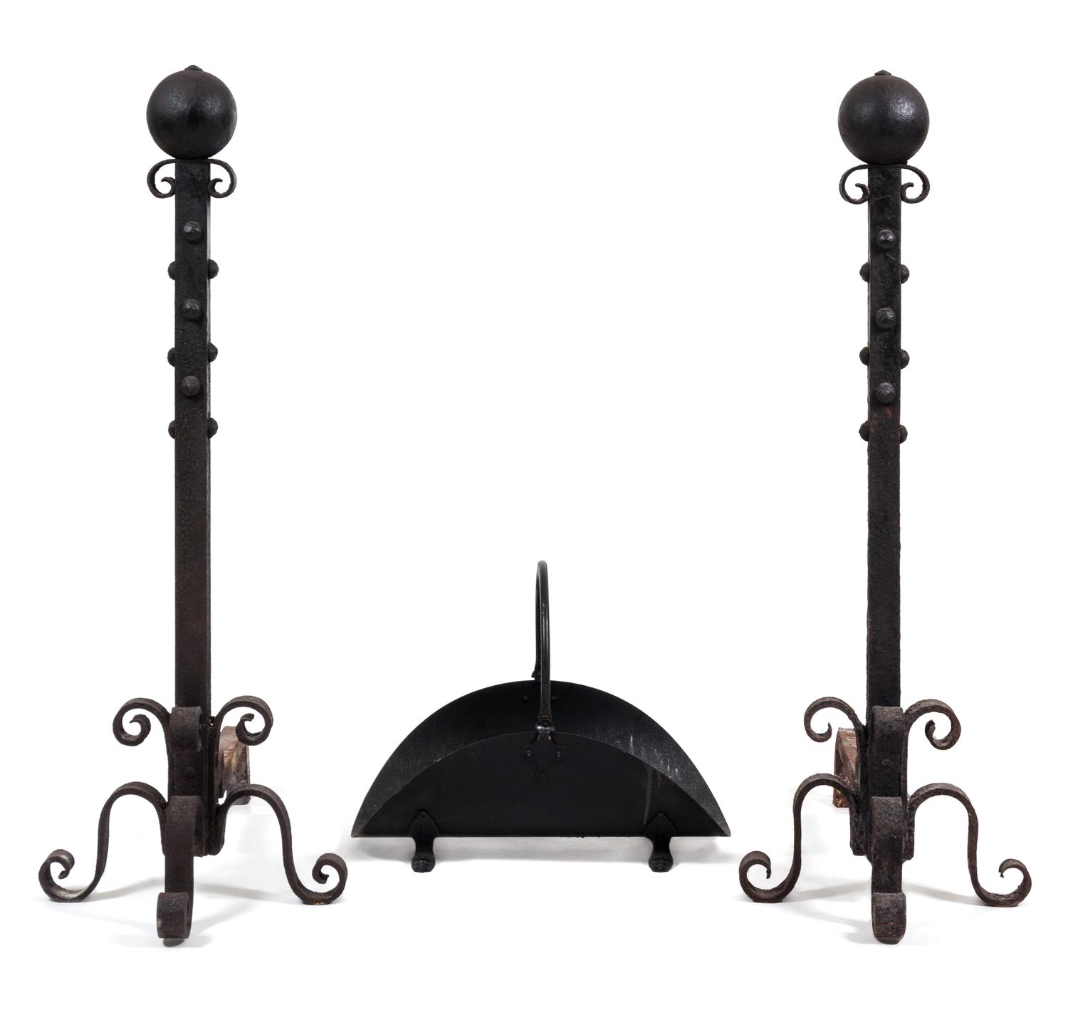 A Pair of Iron Andirons and Tool Stand Height 45 inches.