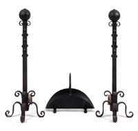 A Pair of Iron Andirons and Tool Stand Height 45 inches.
