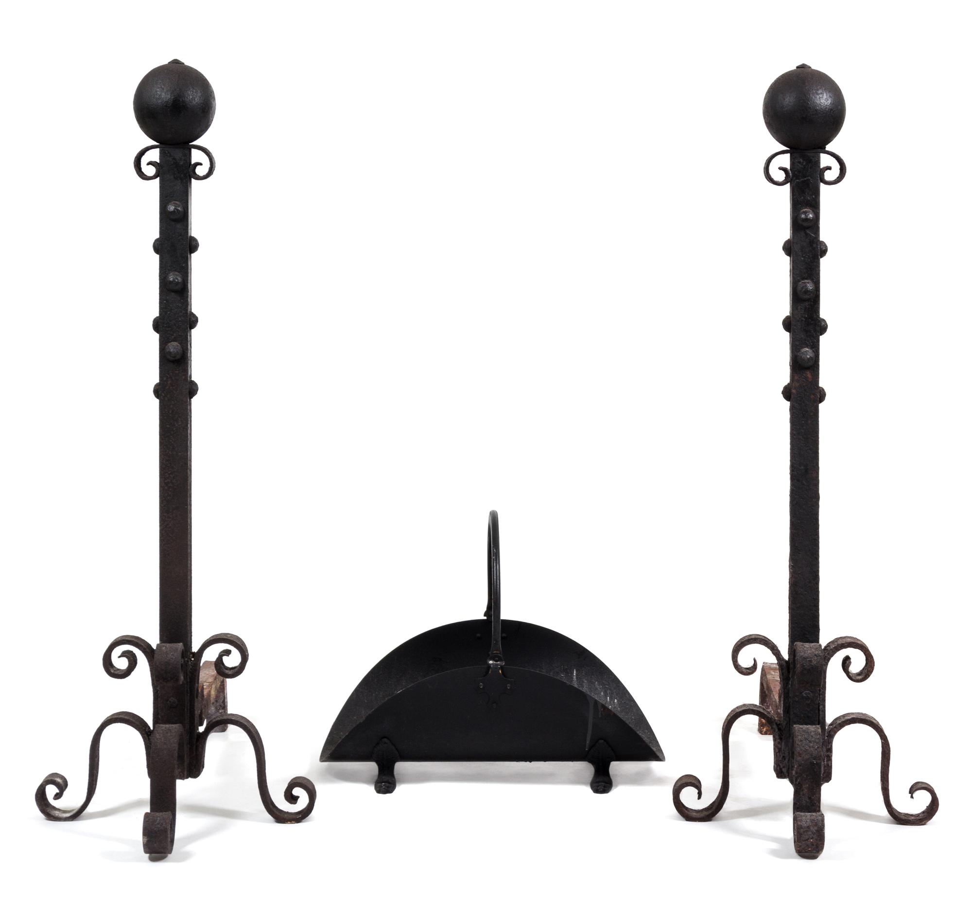 A Pair of Iron Andirons and Tool Stand Height 45 inches.