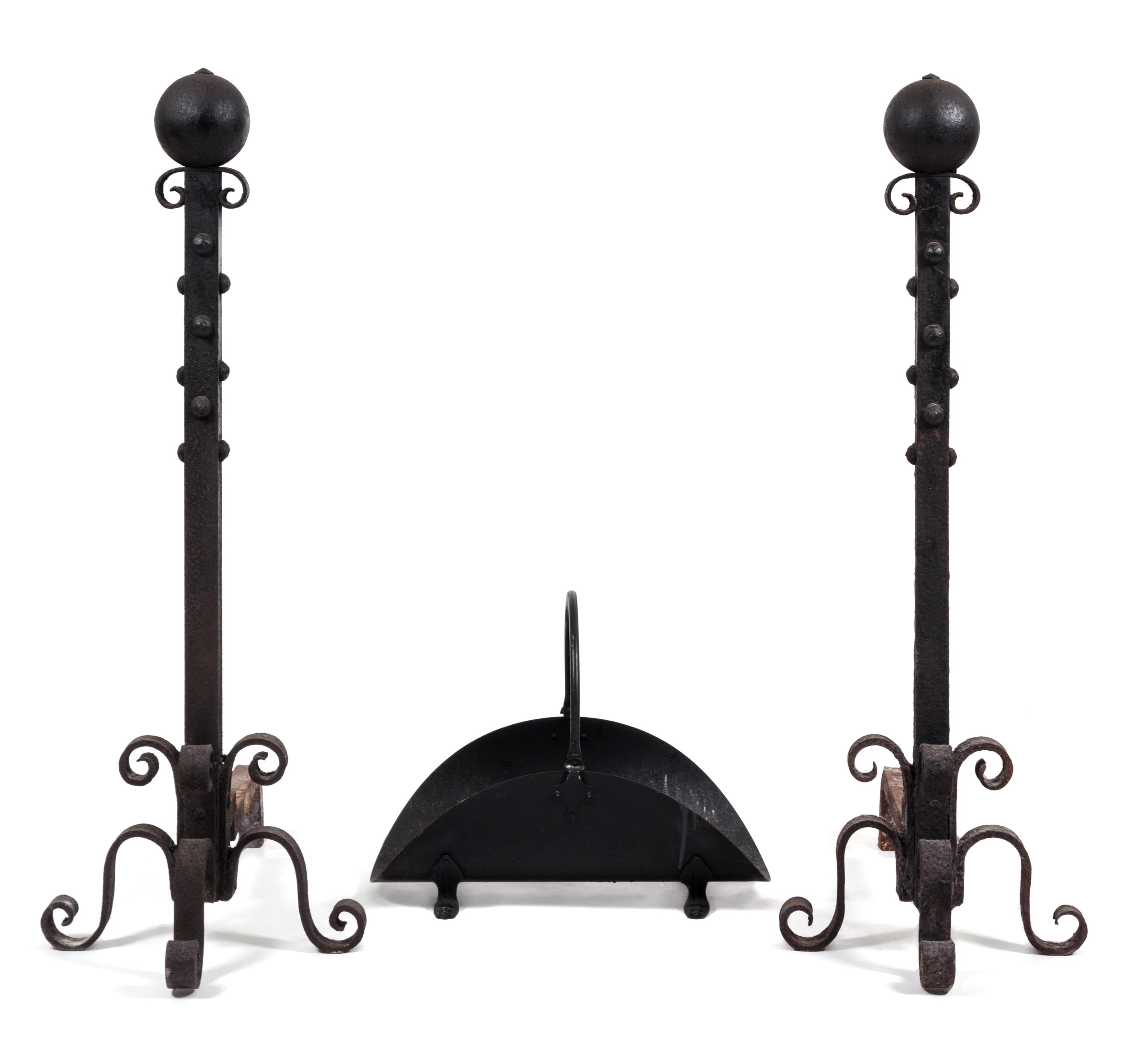 A Pair of Iron Andirons and Tool Stand Height 45 inches.