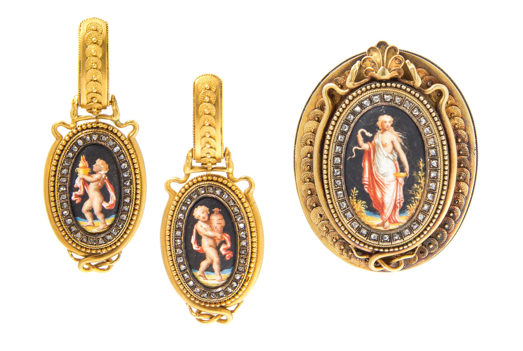 An Etruscan Revival Yellow Gold, Enamel and Diamond Demi Parure, Fontenay, 25.70 dwts.