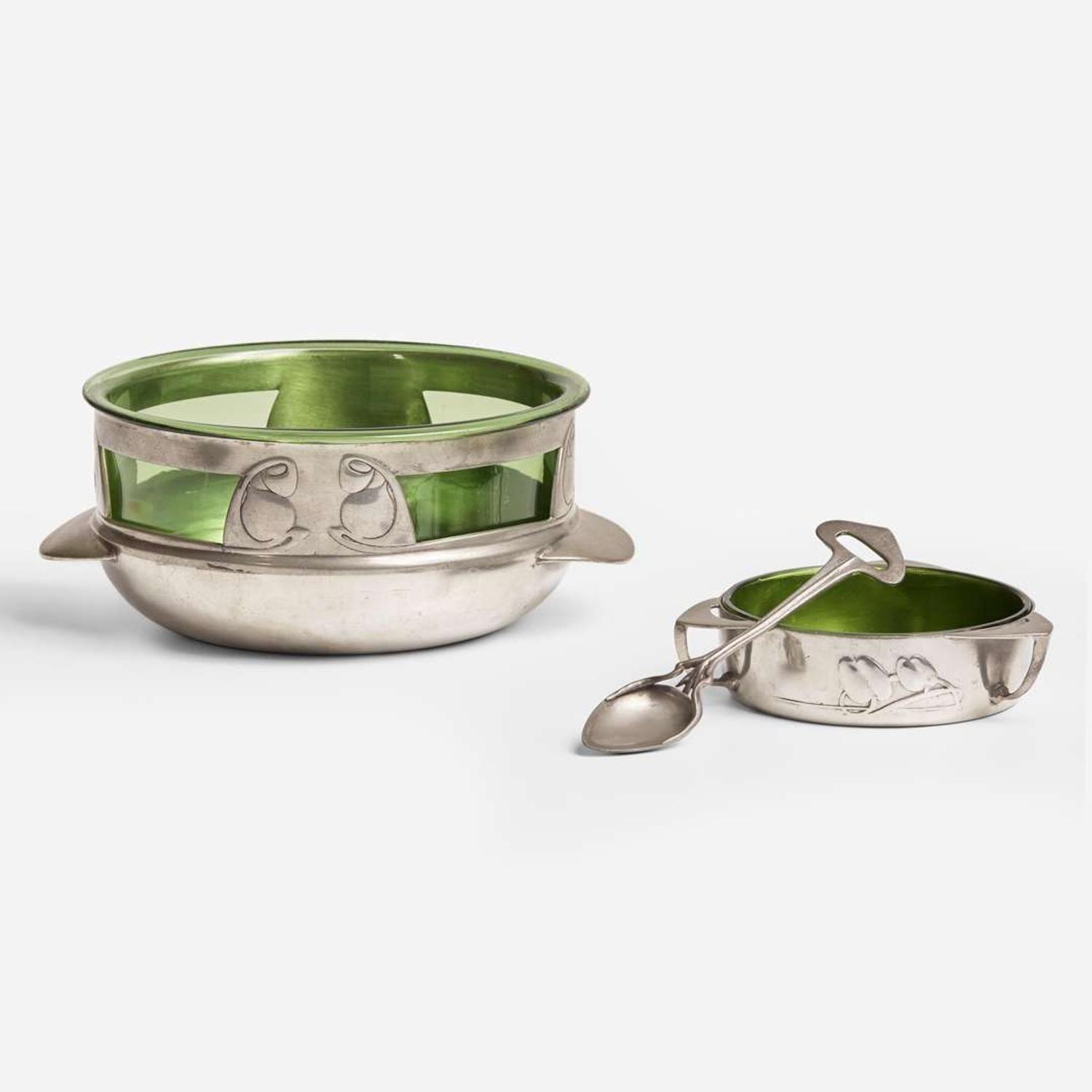 Archibald Knox for Liberty & Co., London A "Tudric" Pewter Bowl, Butter Dish, and Spoon, England, circa 1902-1905