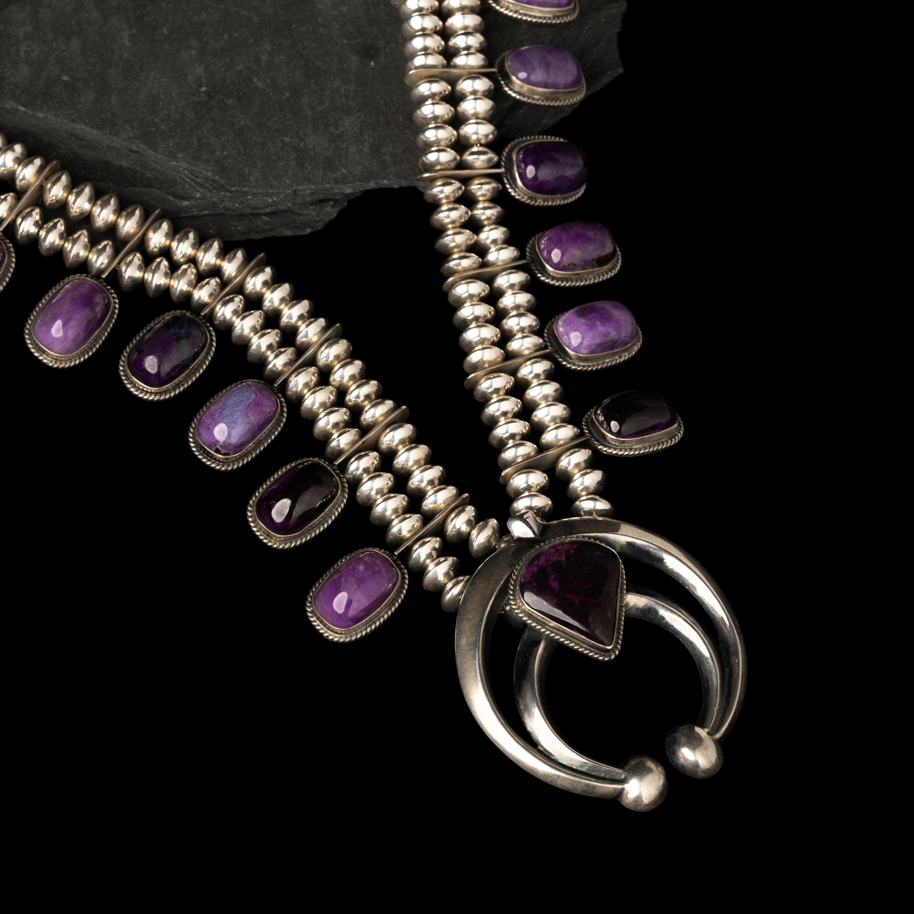 Carol and Wilson Begay (Diné, act. since 1969) — Sterling Silver and Sugilite Squash Blossom Necklace