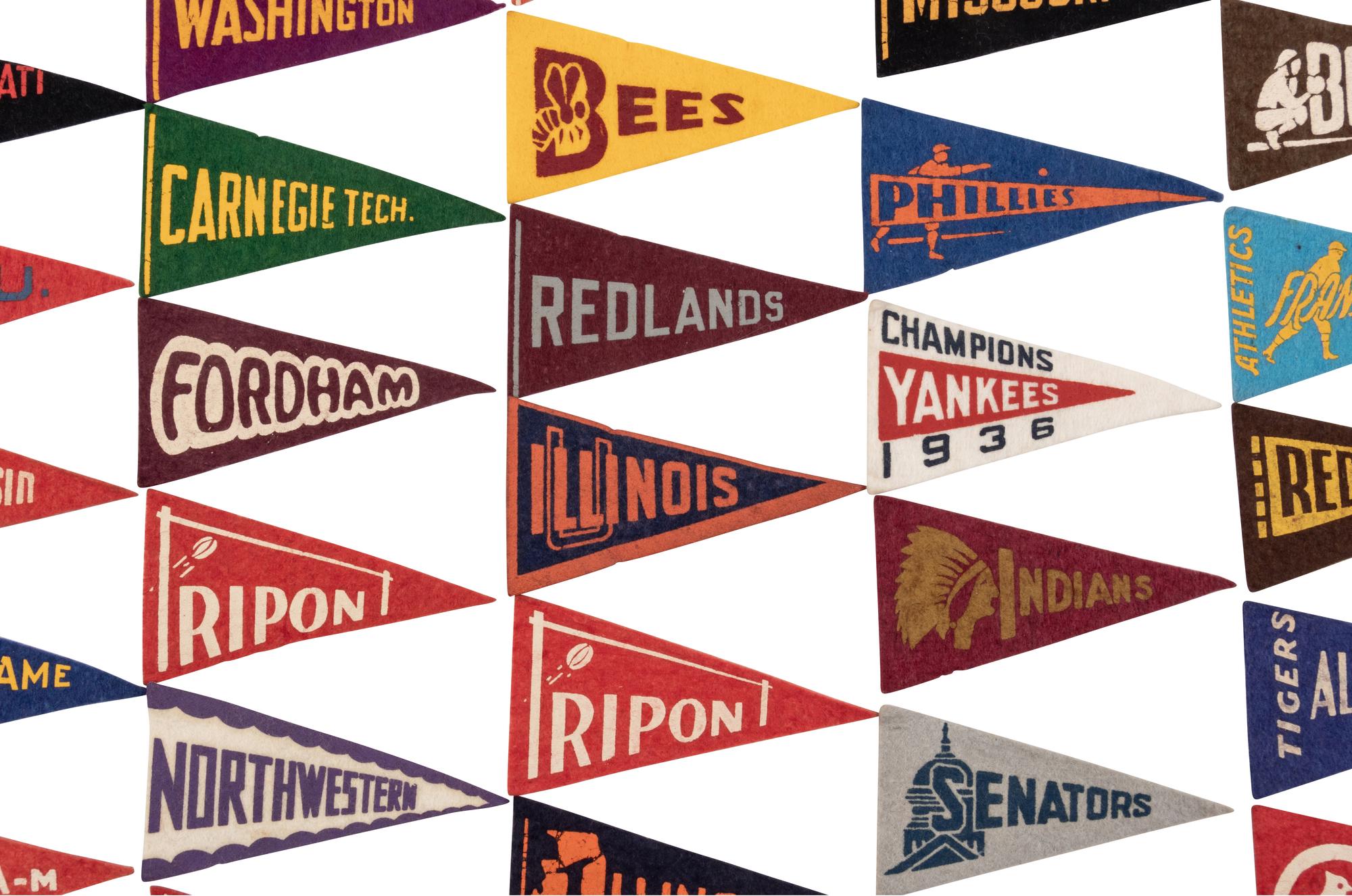 A Collection of 45 BF3 1936 Mini Baseball and College Pennants,