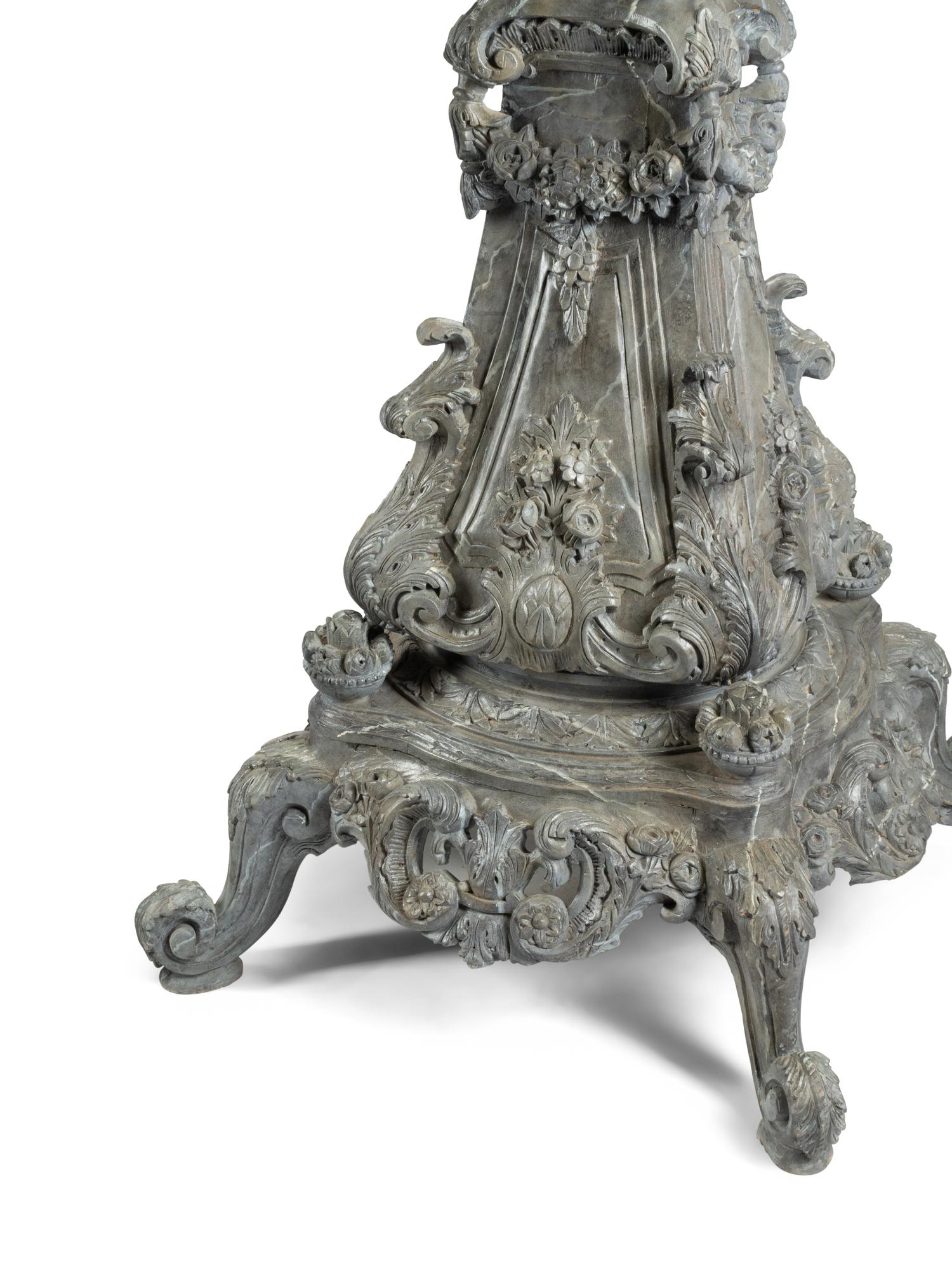 A Pair of Monumental Italian Carved and Faux Marble Painted Urns on Stands