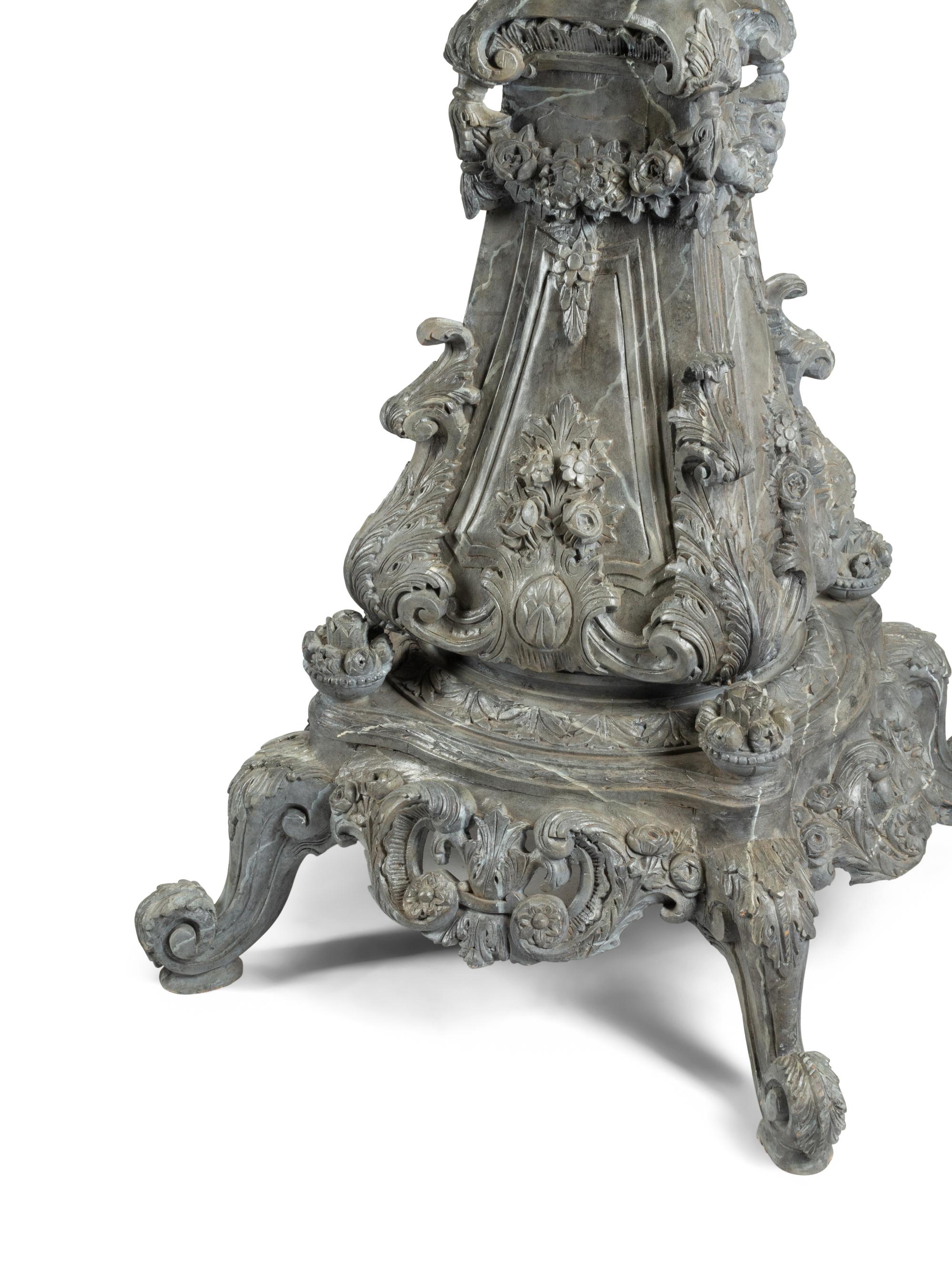 A Pair of Monumental Italian Carved and Faux Marble Painted Urns on Stands