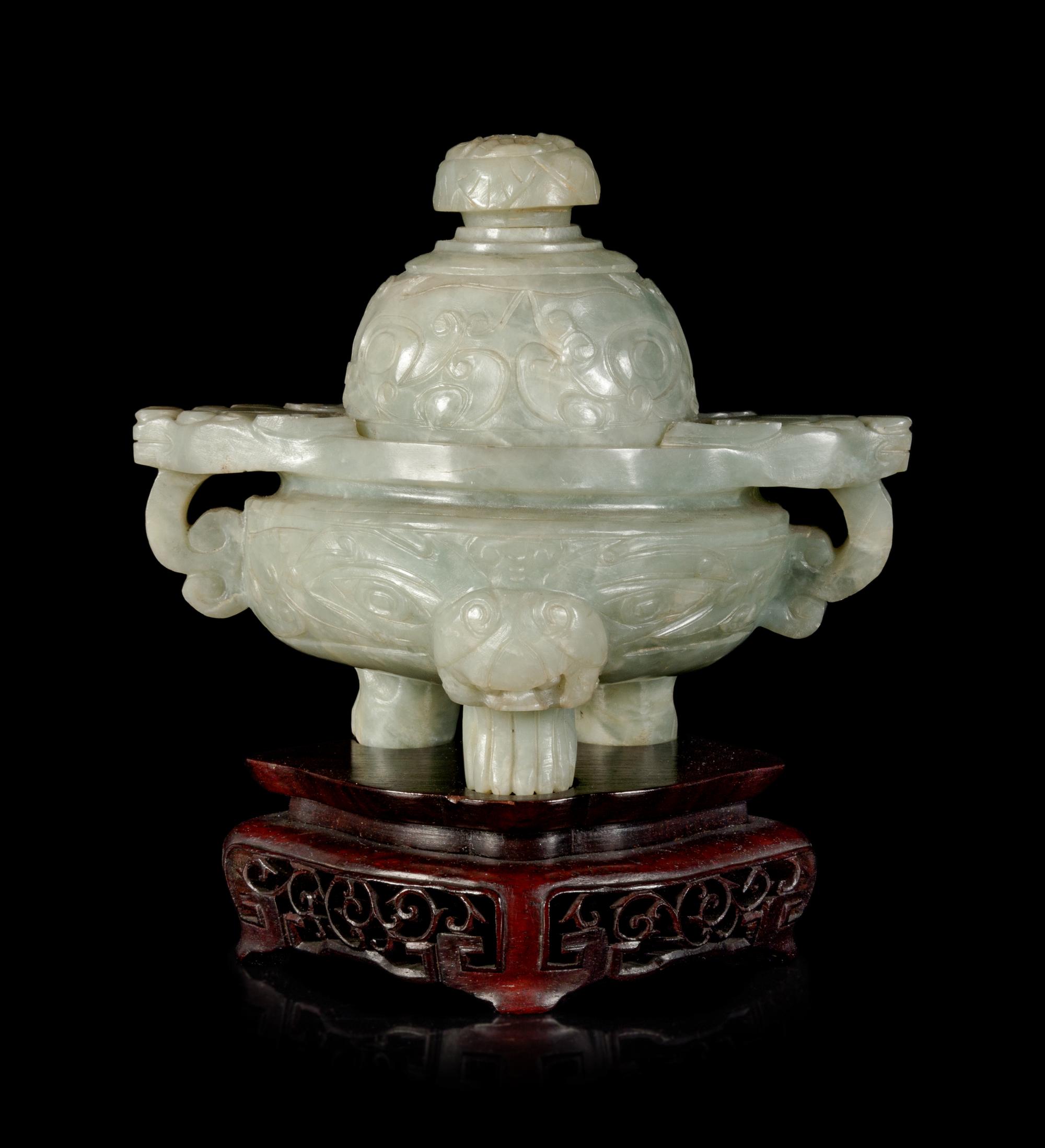 A Chinese Hardstone Tripod Censer and Cover