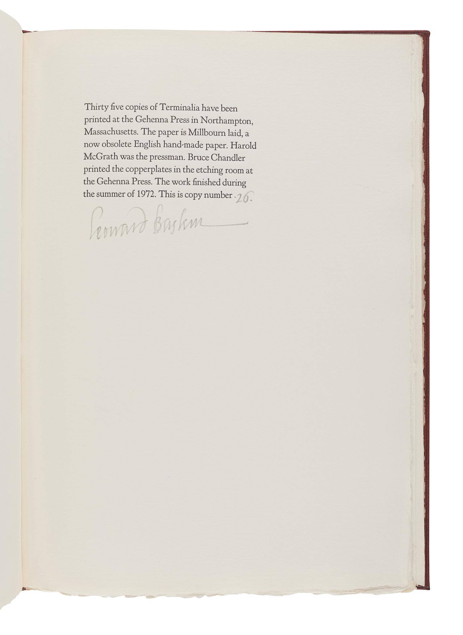 BASKIN, Leonard (1922-2000). FRAZER, James, translator. Terminalia From Ovid’s Fasti . Northampton, MA: Gehenna Press, 1972.