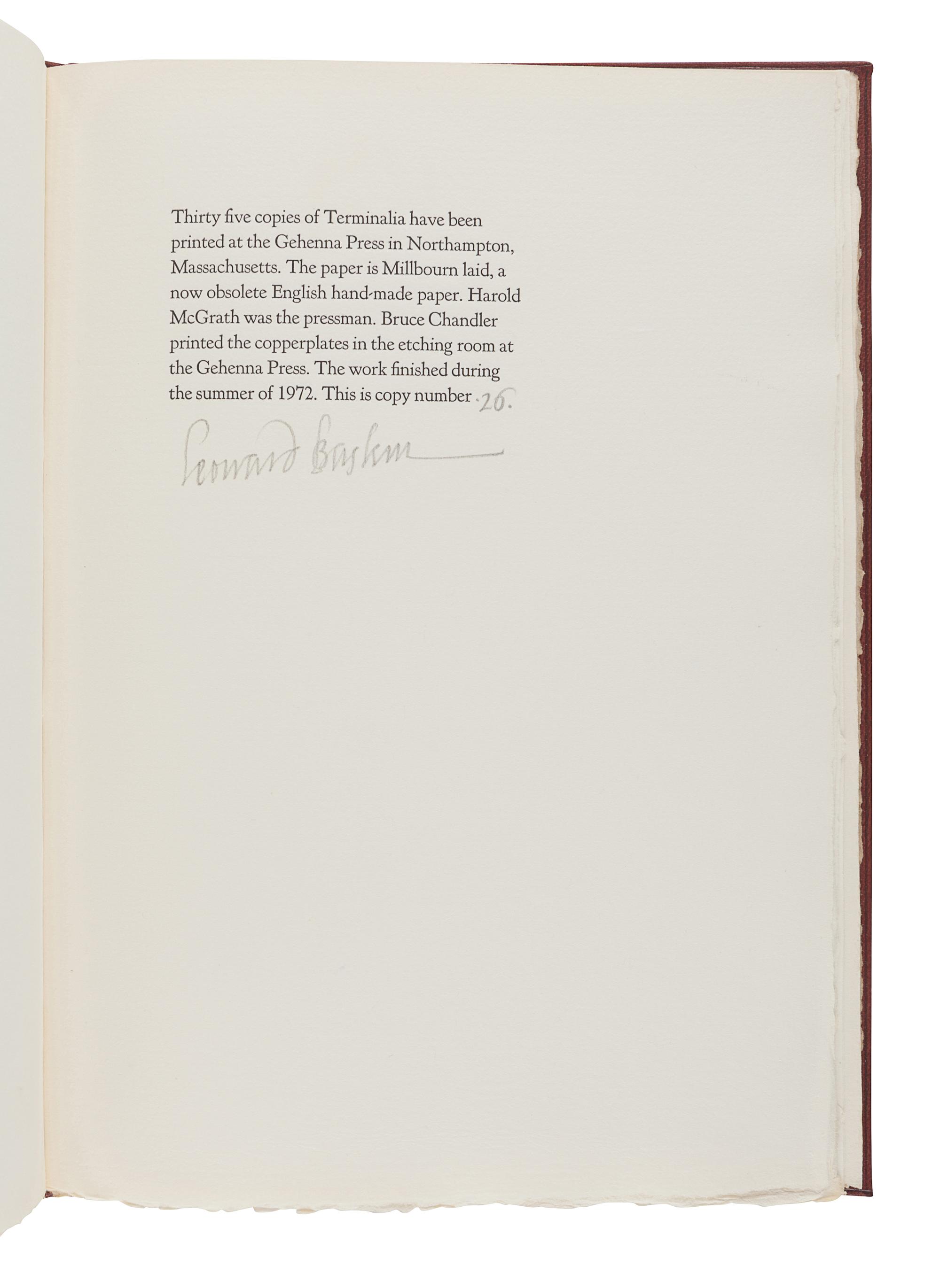 BASKIN, Leonard (1922-2000). FRAZER, James, translator. Terminalia From Ovid’s Fasti . Northampton, MA: Gehenna Press, 1972.