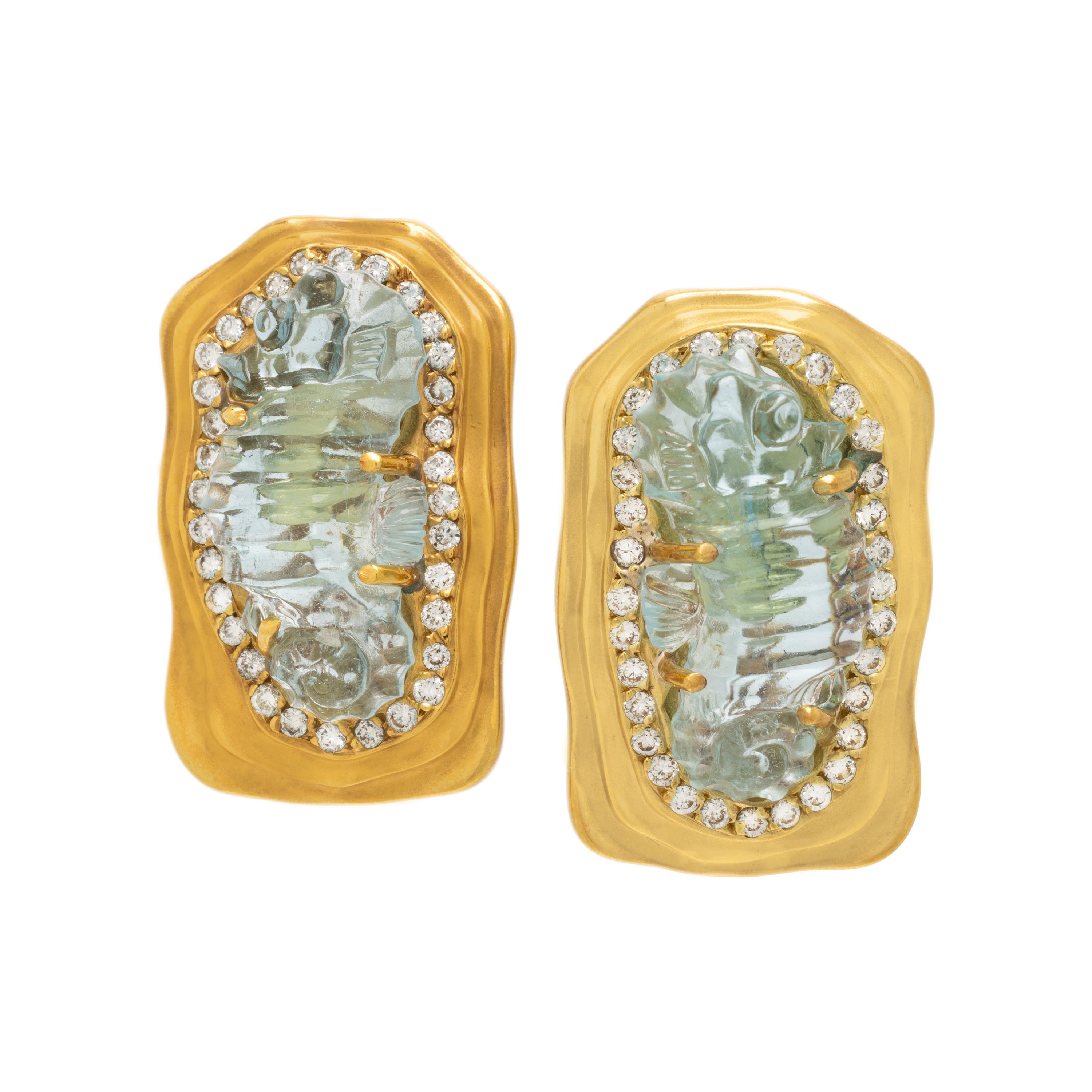 Aquamarine, Diamond, Cultured Pearl, and Yellow Gold Earrings
