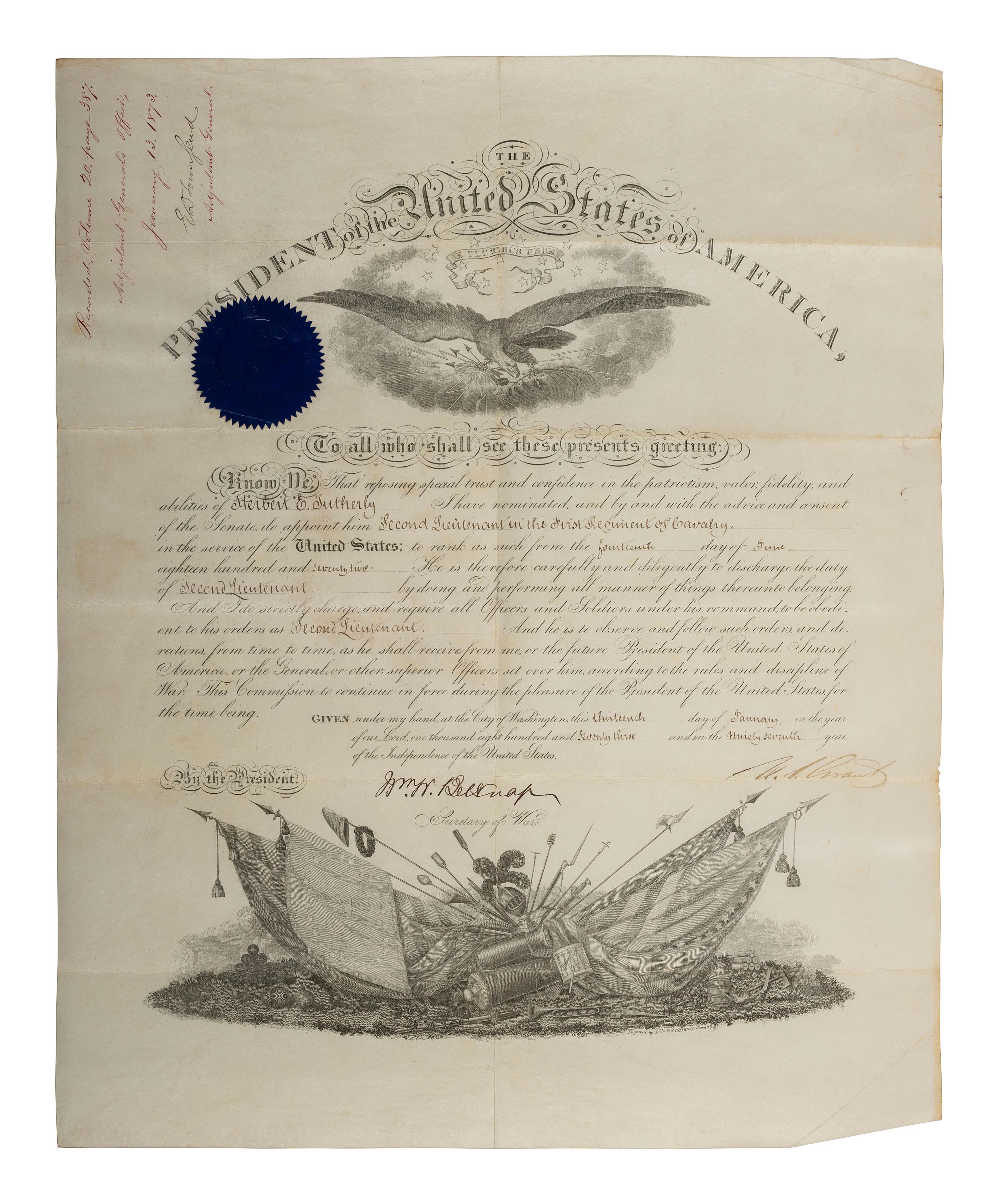 [MILITARIA]. A group of 4 commissions for General Herbert Everett Tutherly, Commander of Squadron at the Battle of San Juan Hill, signed by Presidents GRANT, HAYES, HARRISON, and MCKINLEY.
