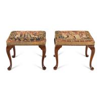 A Pair of George III Style Tapestry-Upholstered Walnut Foot Stools