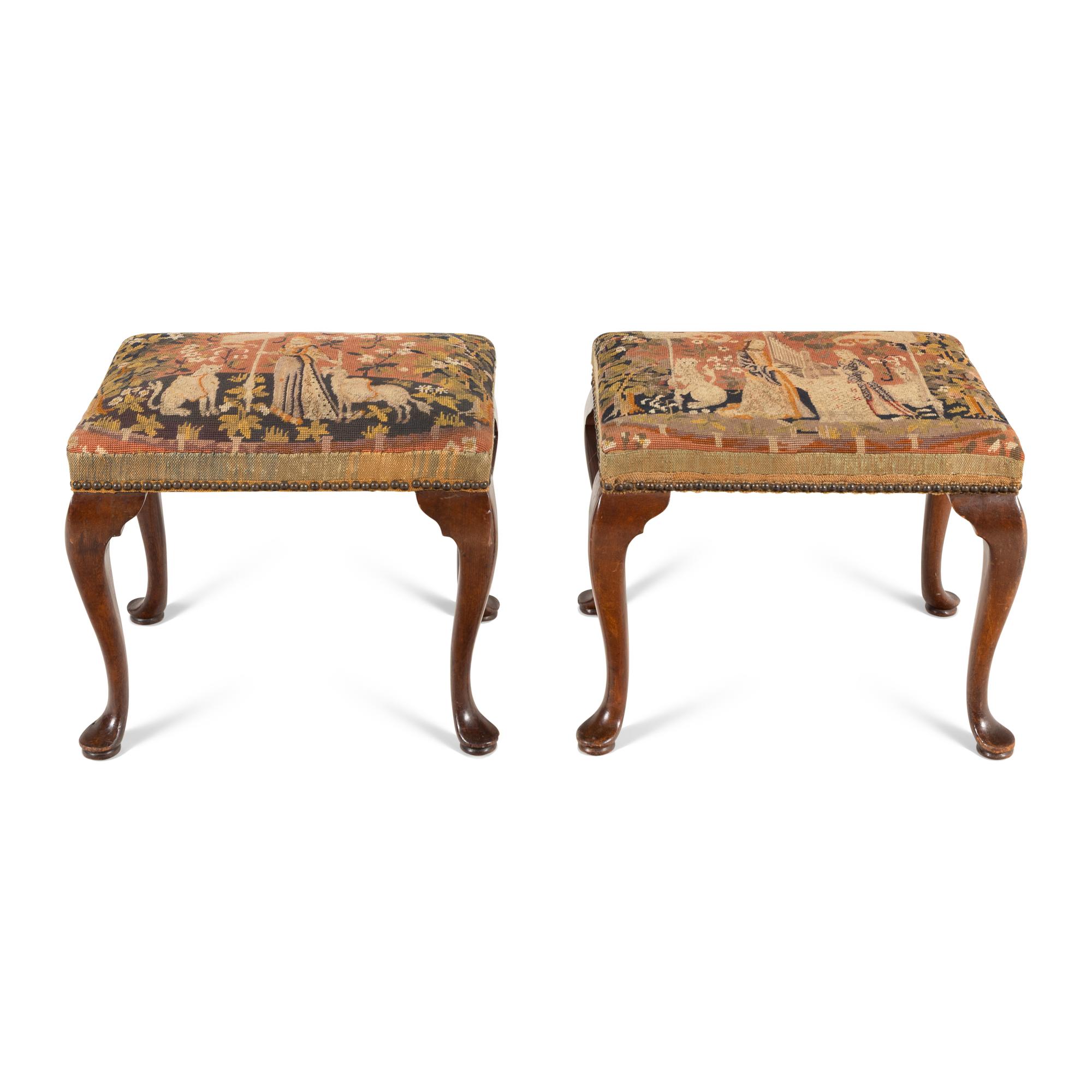 A Pair of George III Style Tapestry-Upholstered Walnut Foot Stools