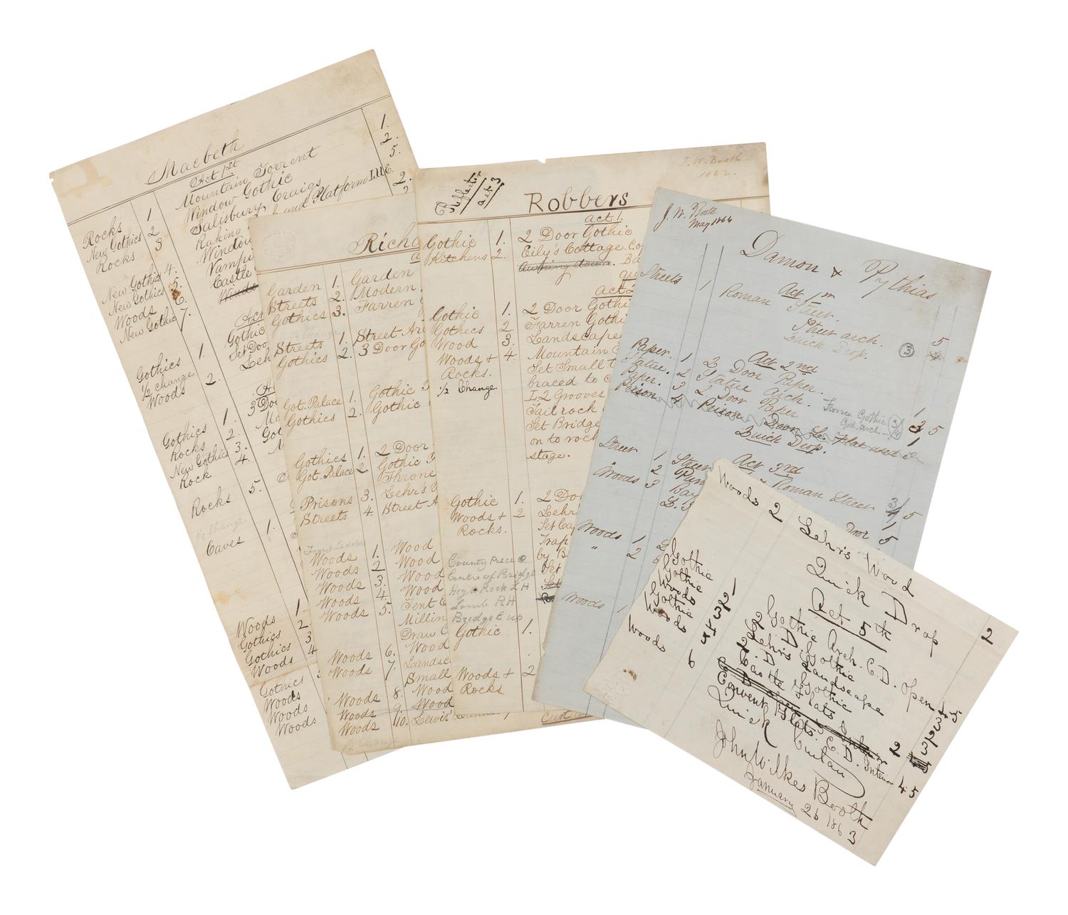 [BOOTH, John Wilkes (1838-1865)]. A group of 5 manuscript scenery lists for plays in which John Wilkes Booth performed, ca 1862-1864.