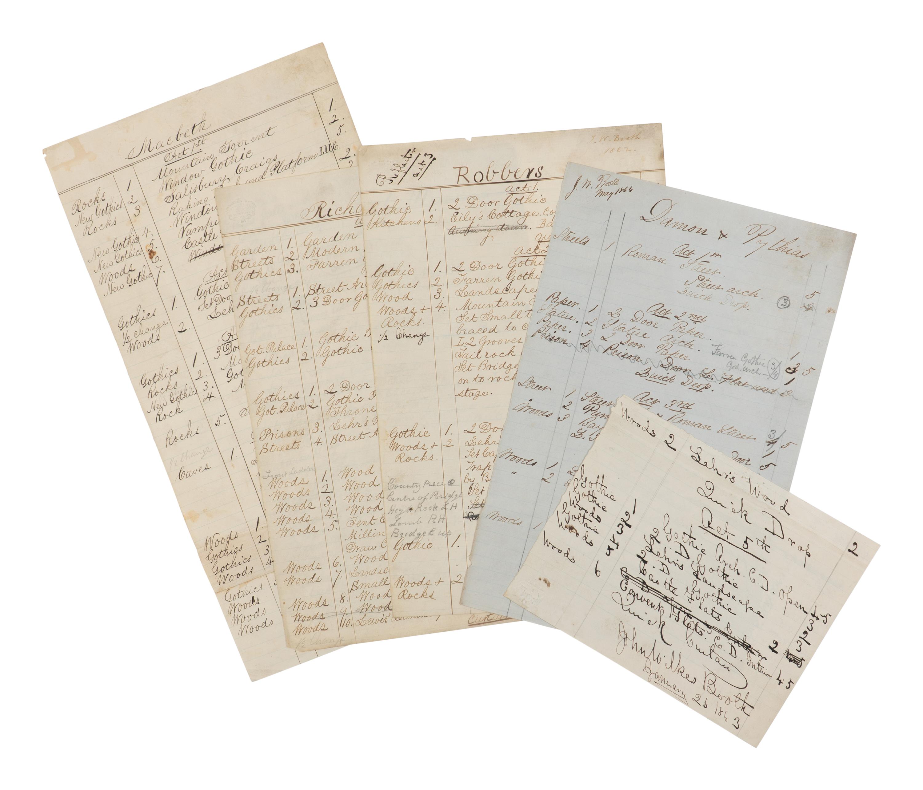 [BOOTH, John Wilkes (1838-1865)]. A group of 5 manuscript scenery lists for plays in which John Wilkes Booth performed, ca 1862-1864.