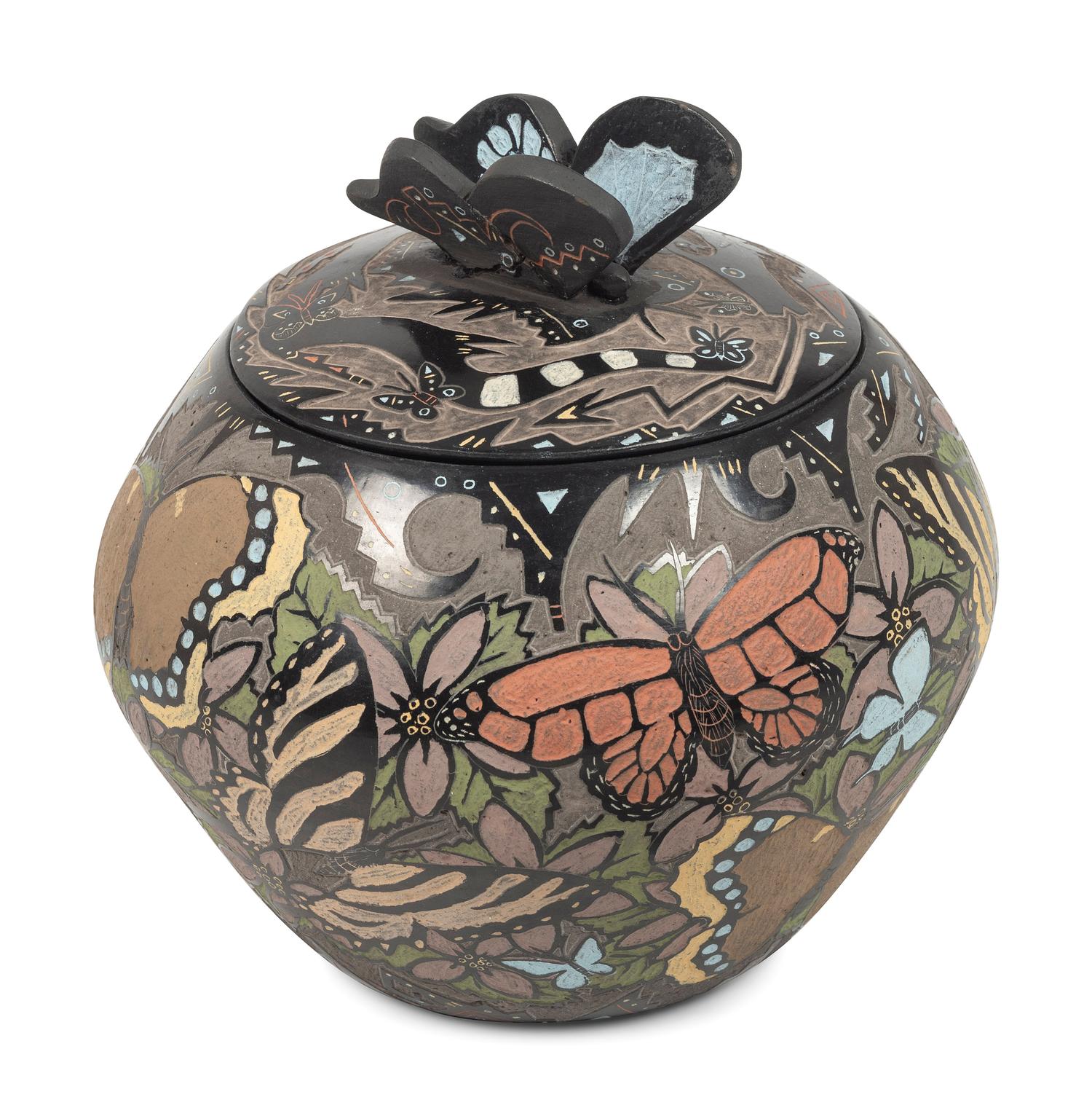 Lidded Polychrome Pottery Jar, with Sgraffito Decoration